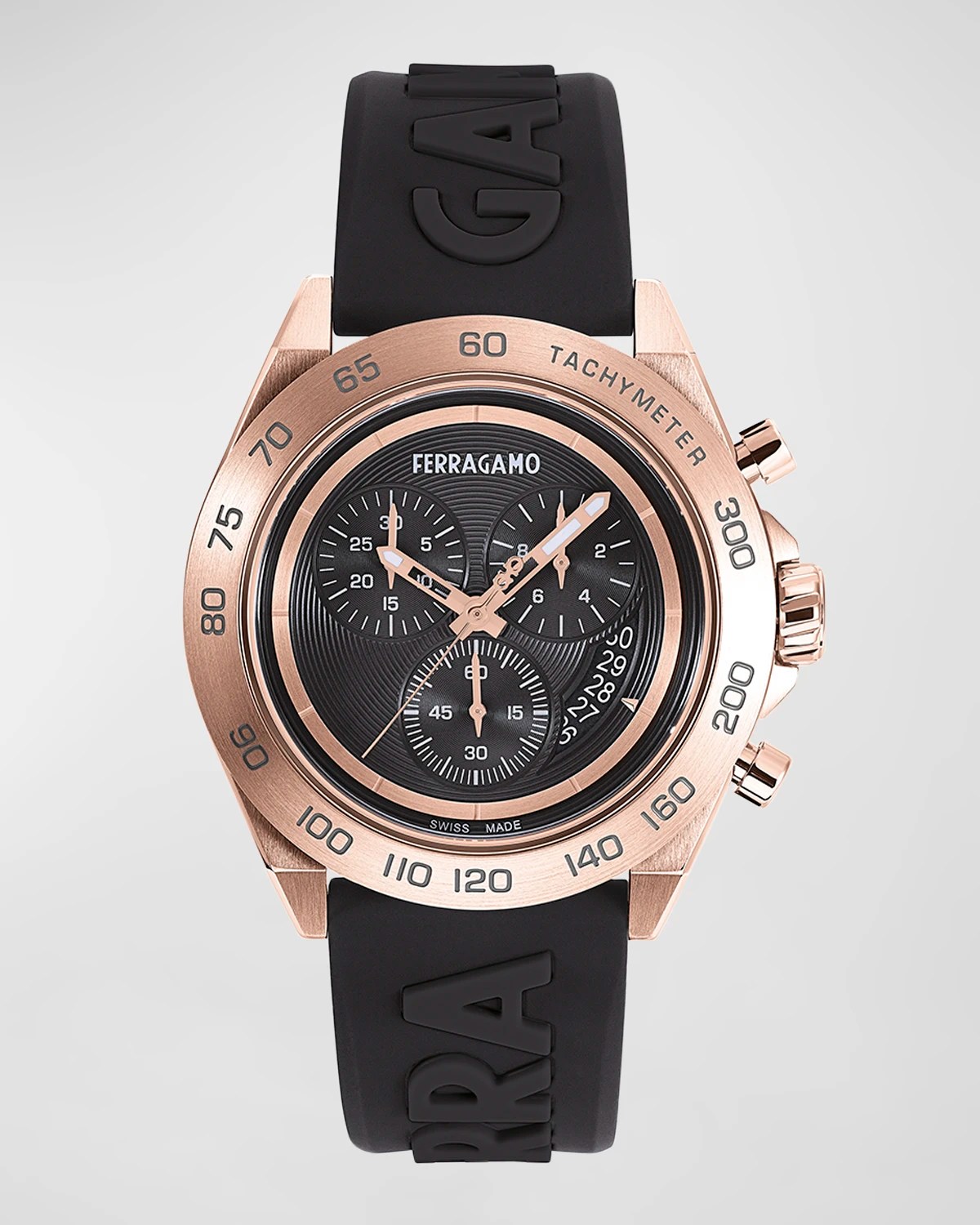 Ferragamo Men's F80 Tonneau IP Rose Gold Silicone Strap Chronograph