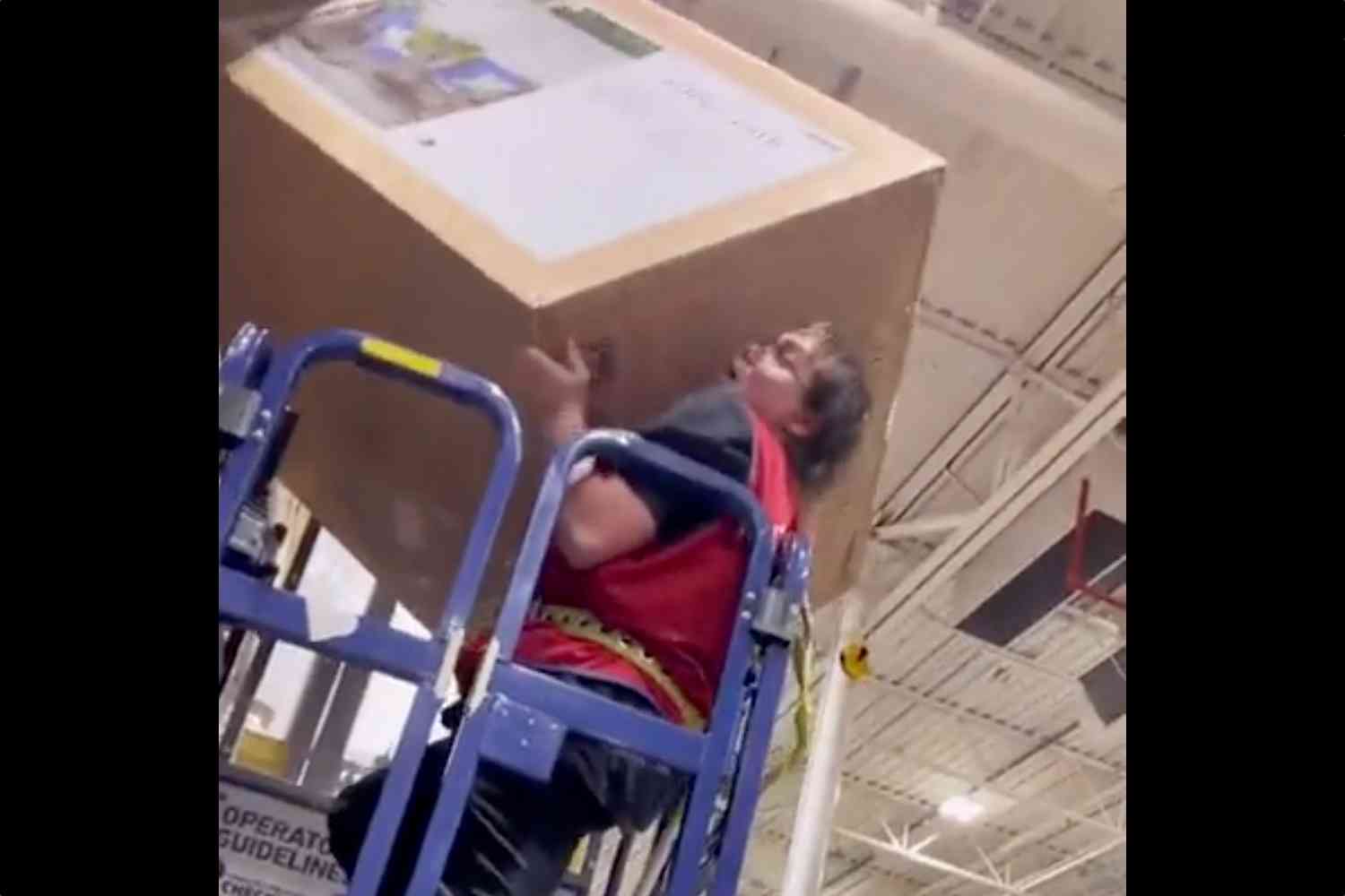 This Lowe's employee got stuck on a lift with a giant box and you have