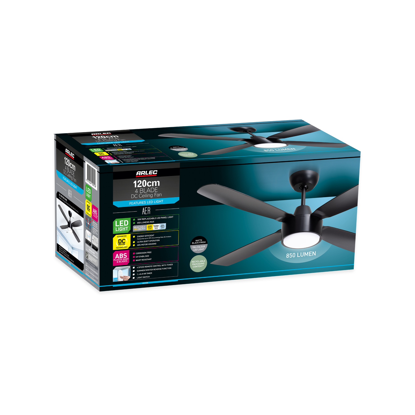 Arlec 120CM AER Matte Black 4 Blade DC Ceiling Fan Bunnings Australia