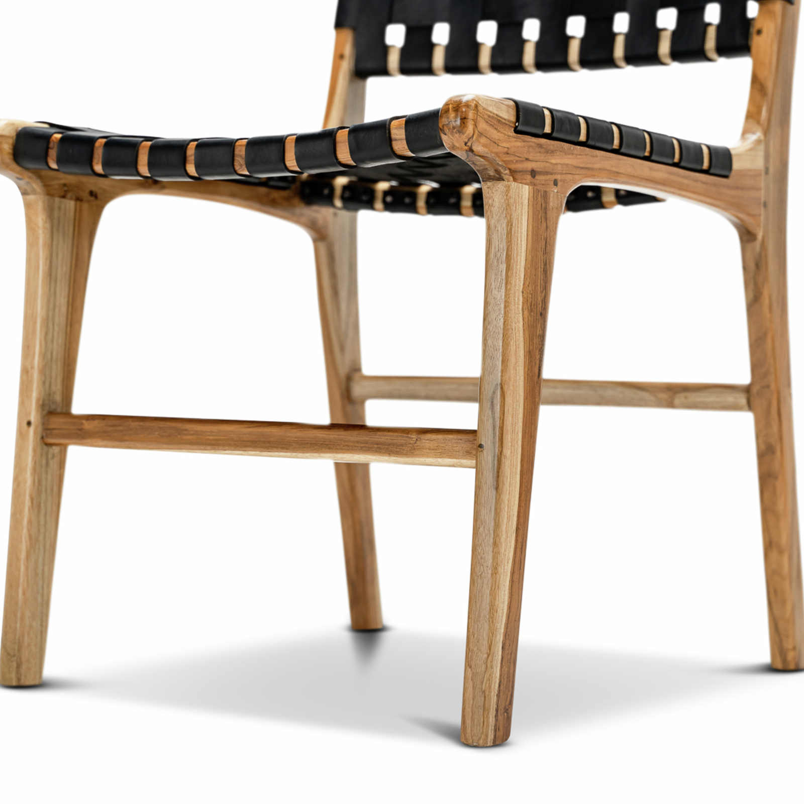 Lazie Set of 2 Black Leather Strapping Teak Wood Dining Chair