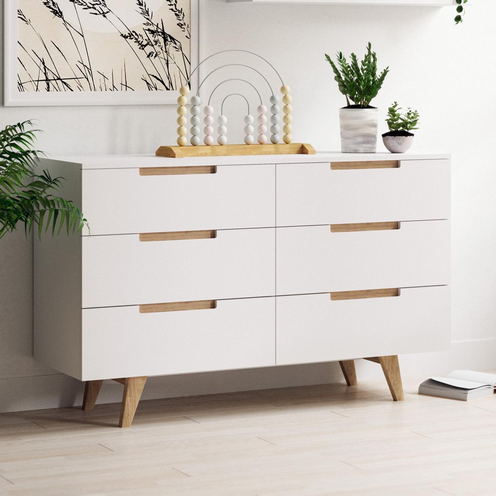 White Six Drawer Wooden Dresser Lowboy Chest with Solid Oak Legs