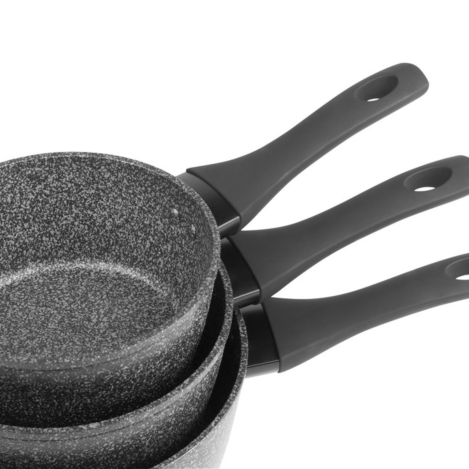 Salter 3 Piece Megastone Saucepan Set Silver Aluminium TPR Bakelite Non