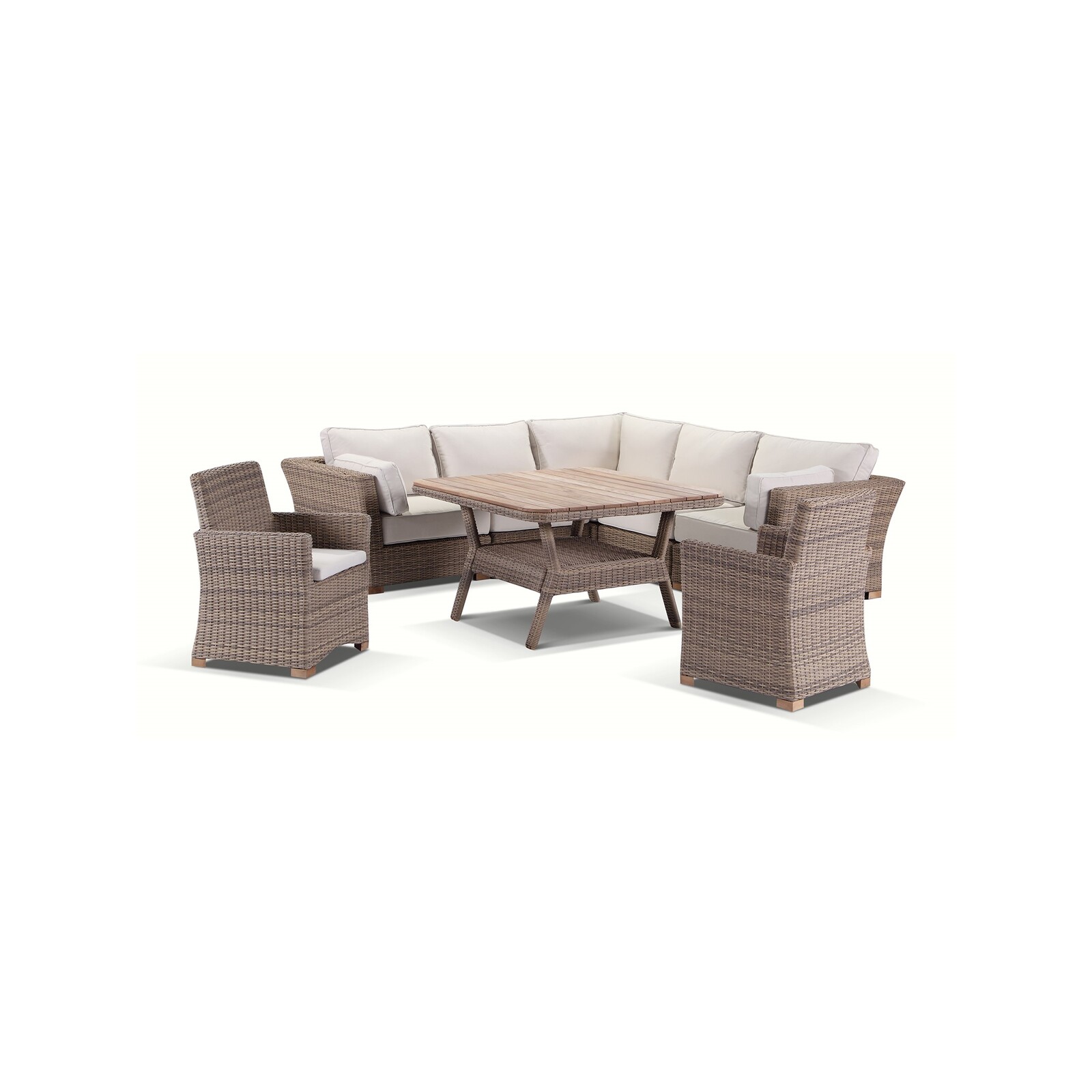 Coco 8 Piece Outdoor Modular Corner Lounge And Dining Table And Chairs Setting Brushed Wheat
