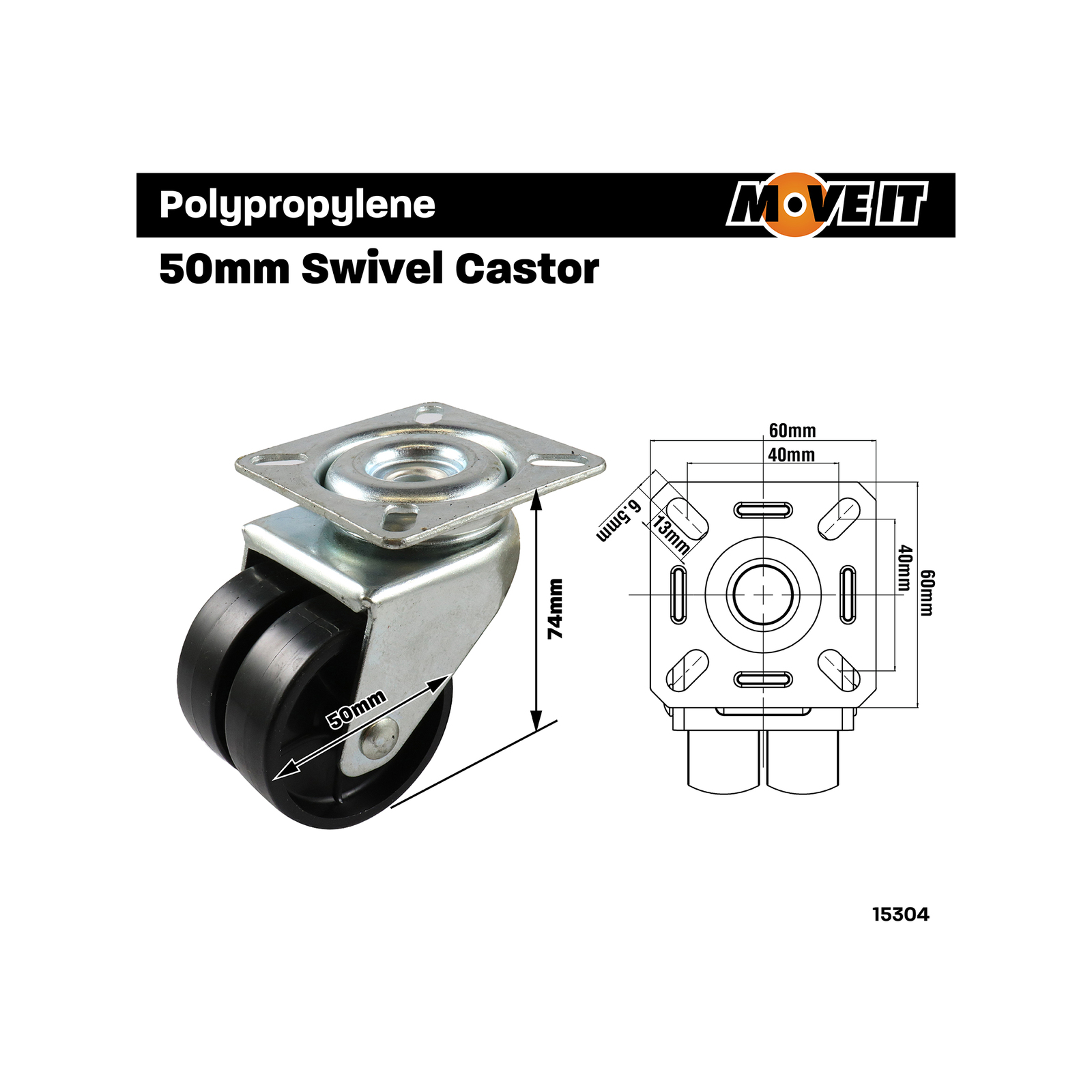 Move It 50mm 70kg Black Twin Wheel Swivel Plate Castor Bunnings Australia