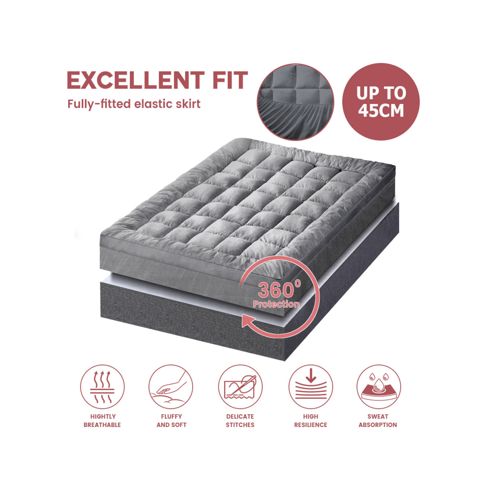 Mona Bedding Bamboo Grey Pillowtop Mattress Topper Pad Protector Cover