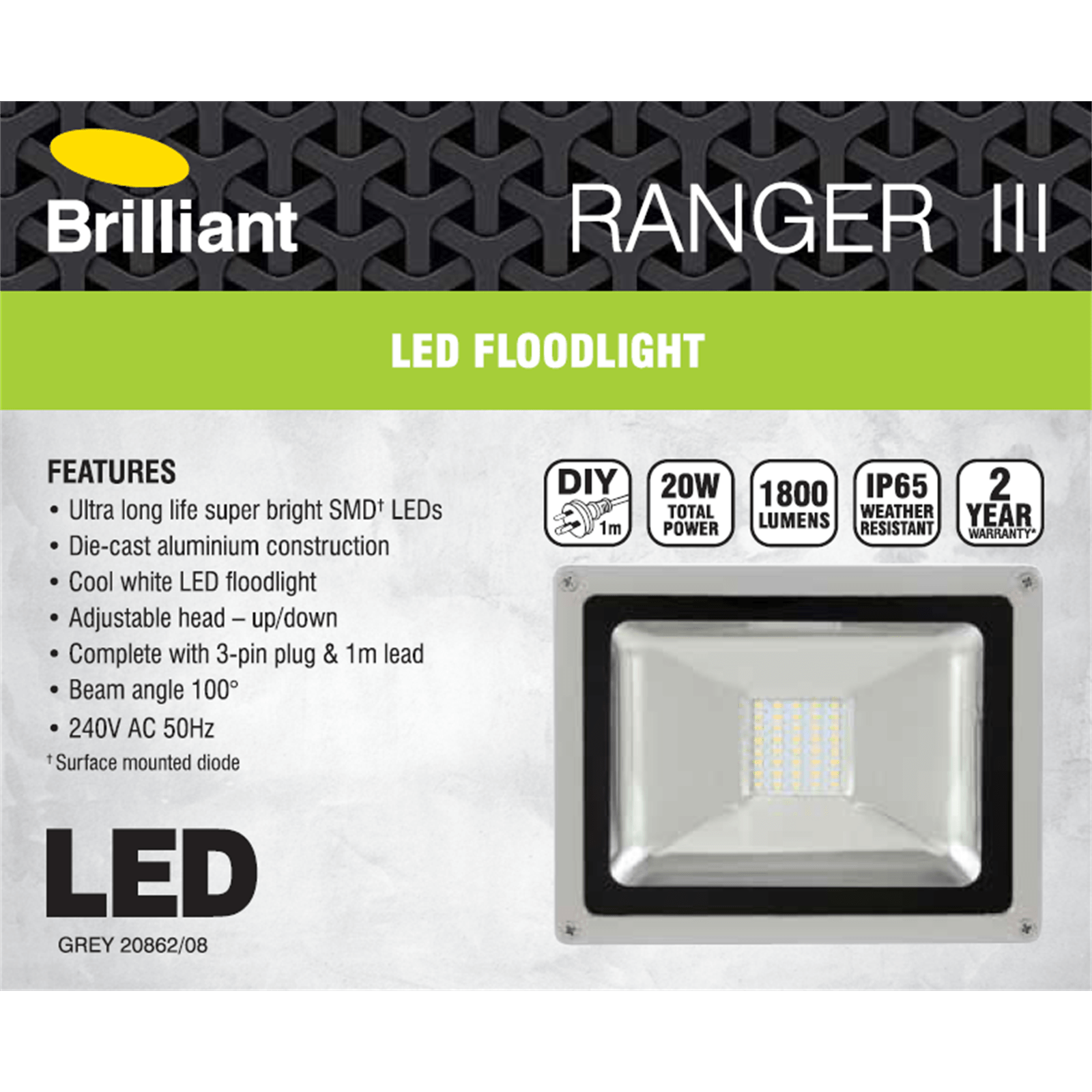 Brilliant Lighting 20W Ranger III Grey DIY LED Panel Flood Light