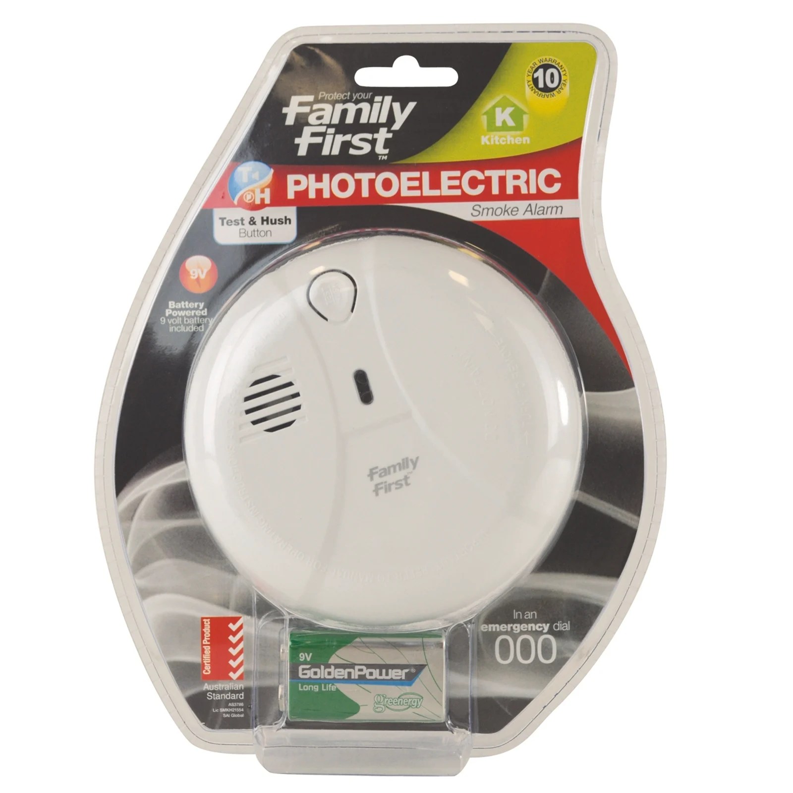 Family First 9V Photoelectric Smoke Alarm With Test And Hush Button
