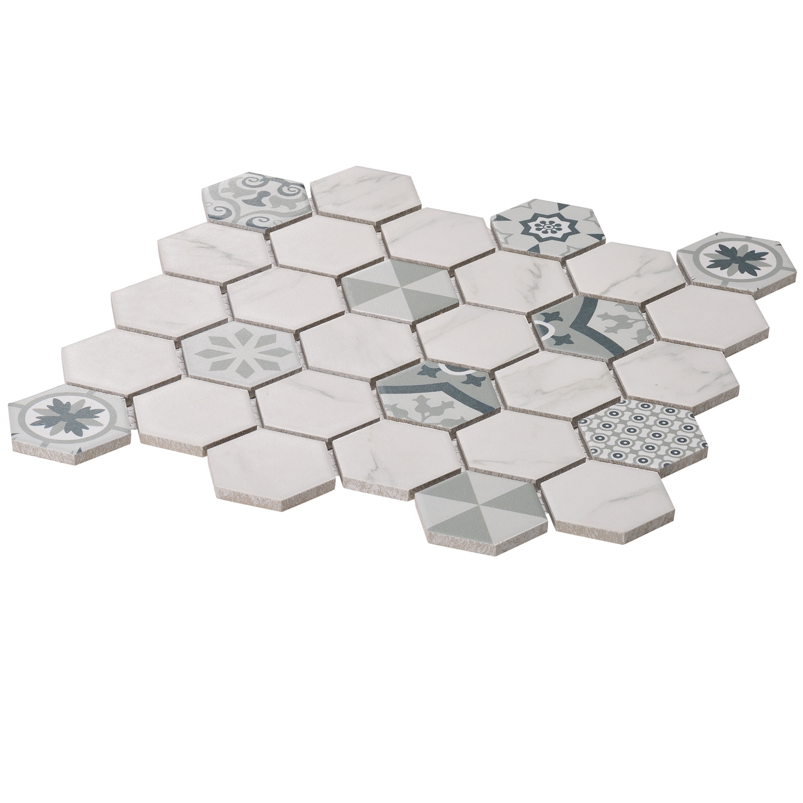 Sanwon 312 x 326 x 8mm White And Pattern Hexagon Mosaic Tile Sheet