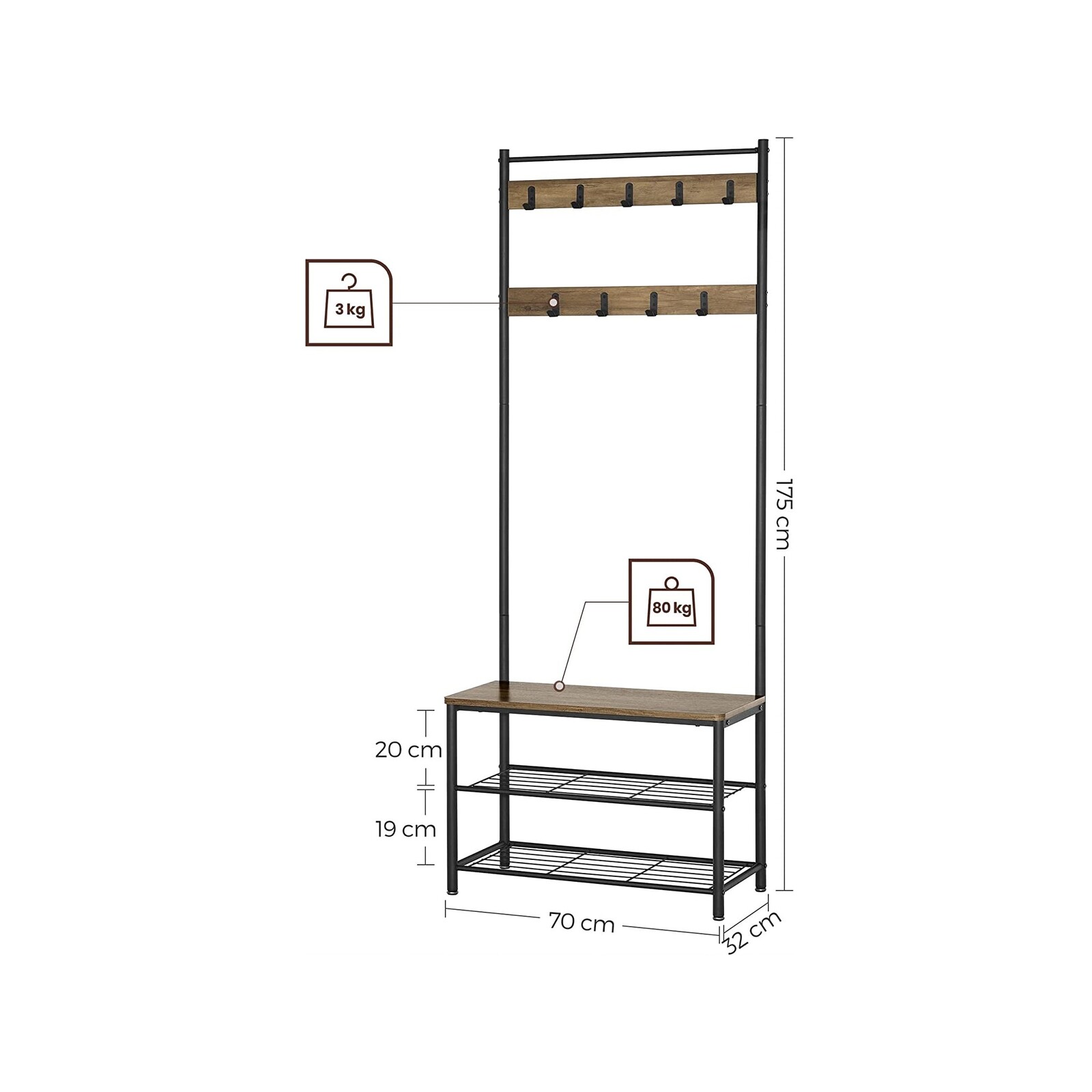 VASAGLE Coat Stand with Shoe Racks Walnut Brown/Black HSR041B41