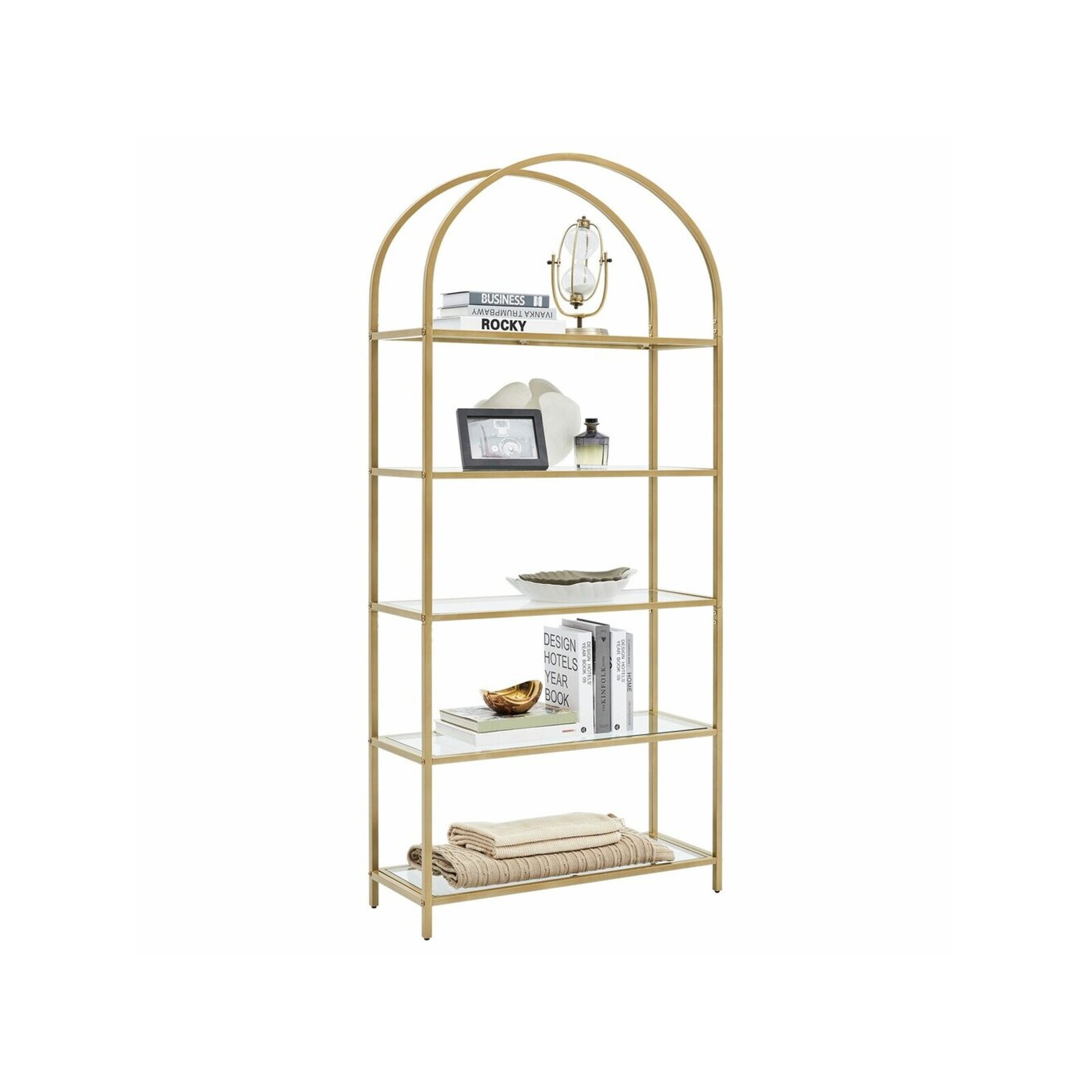 VASAGLE 5 Tier Bookshelf Tempered Glass with Gold Metal Frame