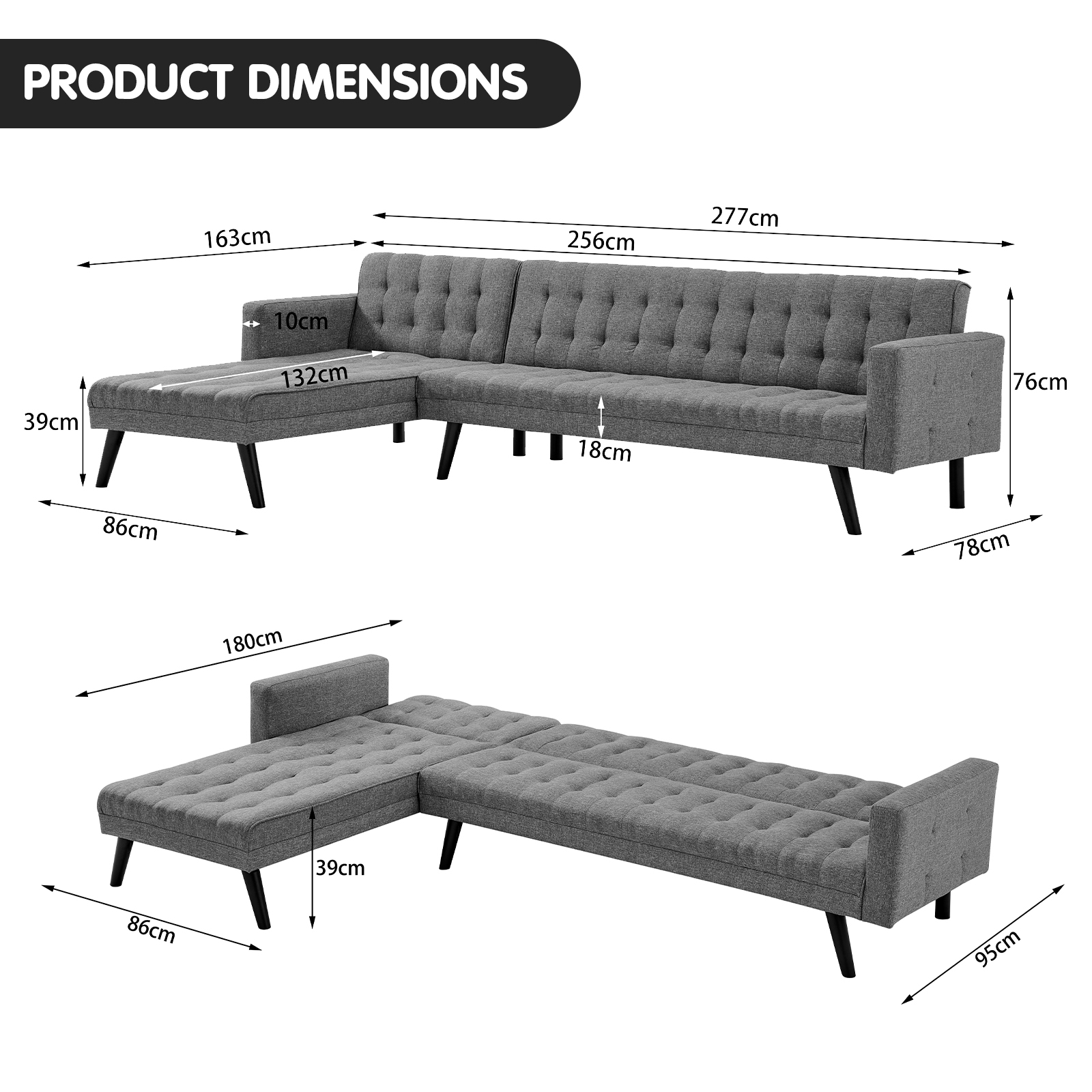 Sarantino 3Seater Corner Wooden Sofa Bed Lounge Chaise Sofa Grey