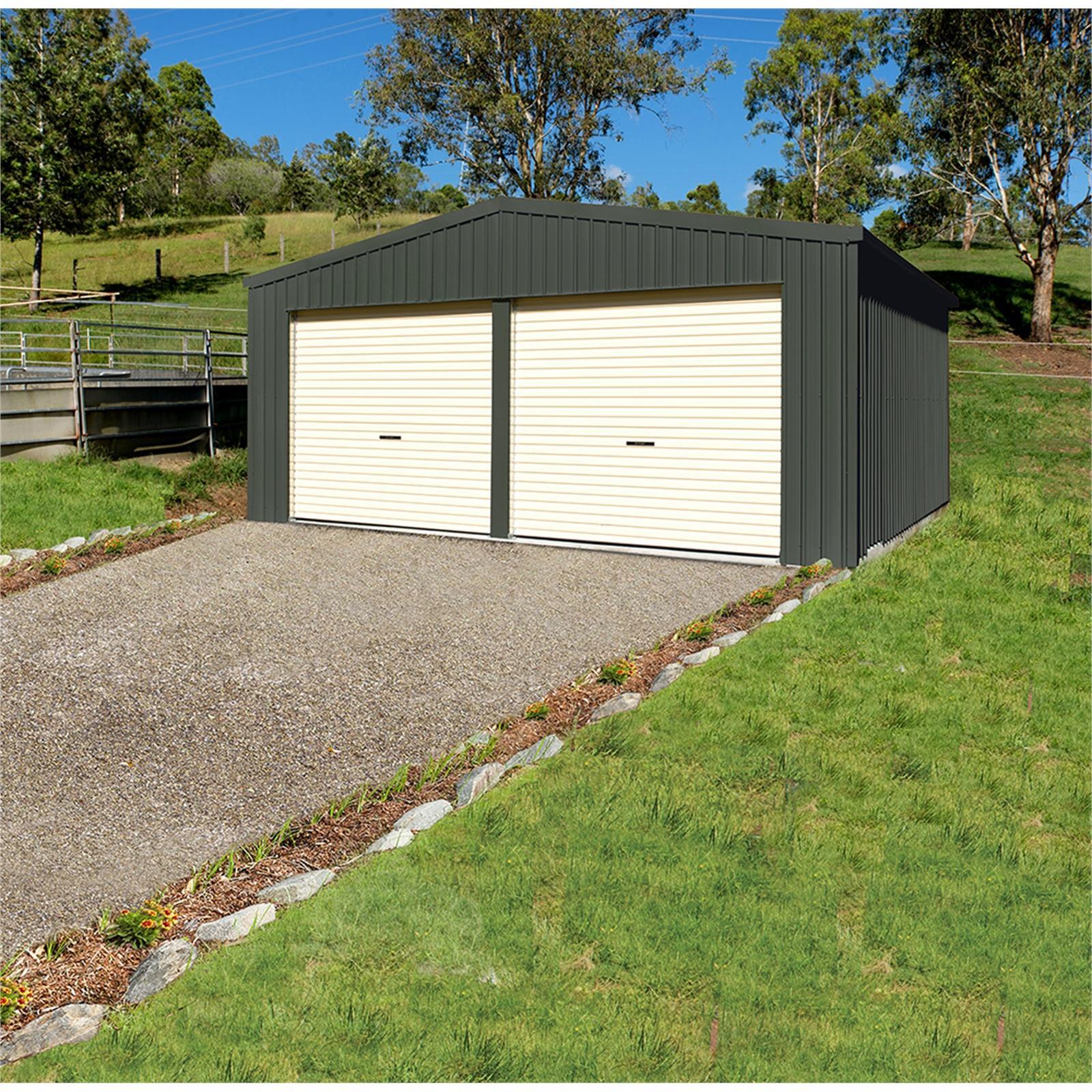 Absco Sheds 6.0 x 6.0 x 3.02m Paperbark Double Garage With Cream Roller