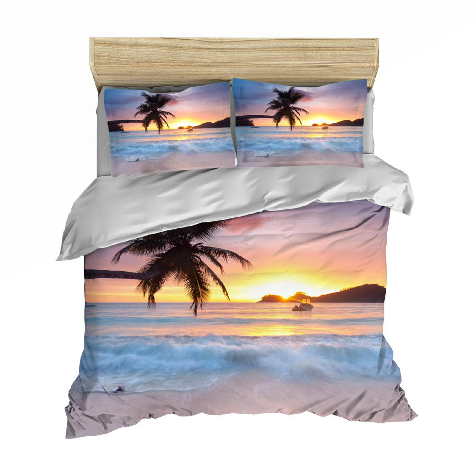 3D Setting Sun Seaside Beach Tropical Palm Tree Quilt Cover Set Bedding