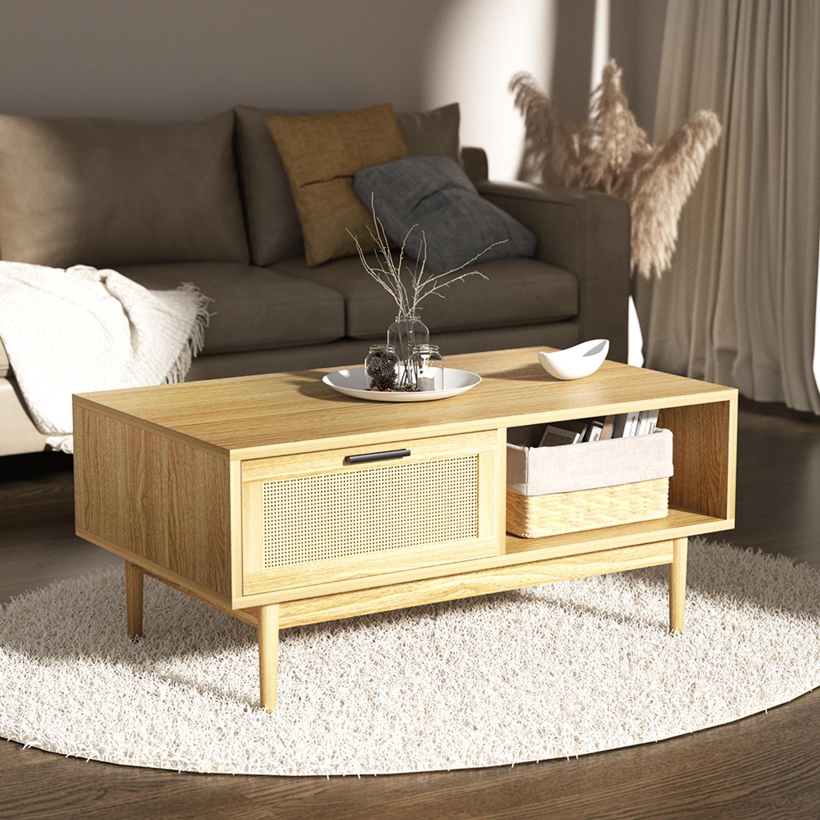 Artiss Rattan Coffee Table with Storage Drawers Shelf Wooden Bunnings