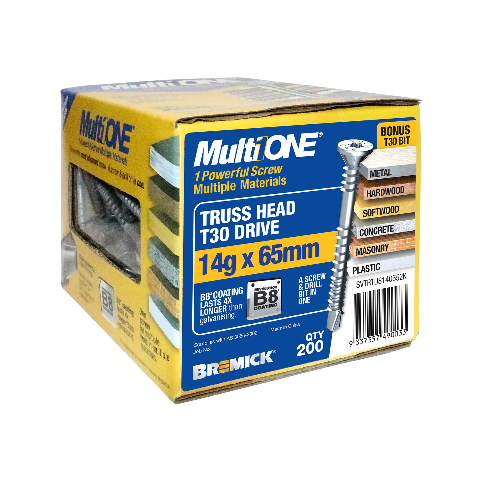 Bremick MultiONE 14g x 65mm B8 Countersunk Truss Head Screw 200 Pack