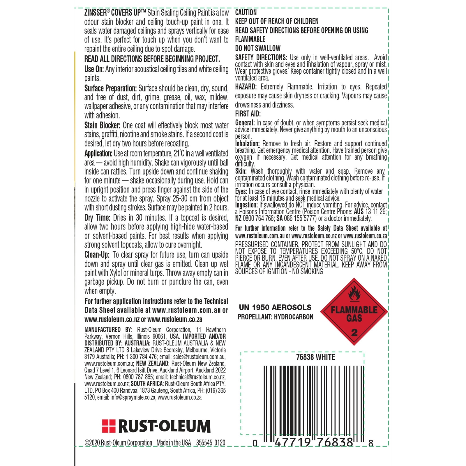 Zinsser 369g Covers Up Stain Sealing Ceiling Paint Aerosol Bunnings