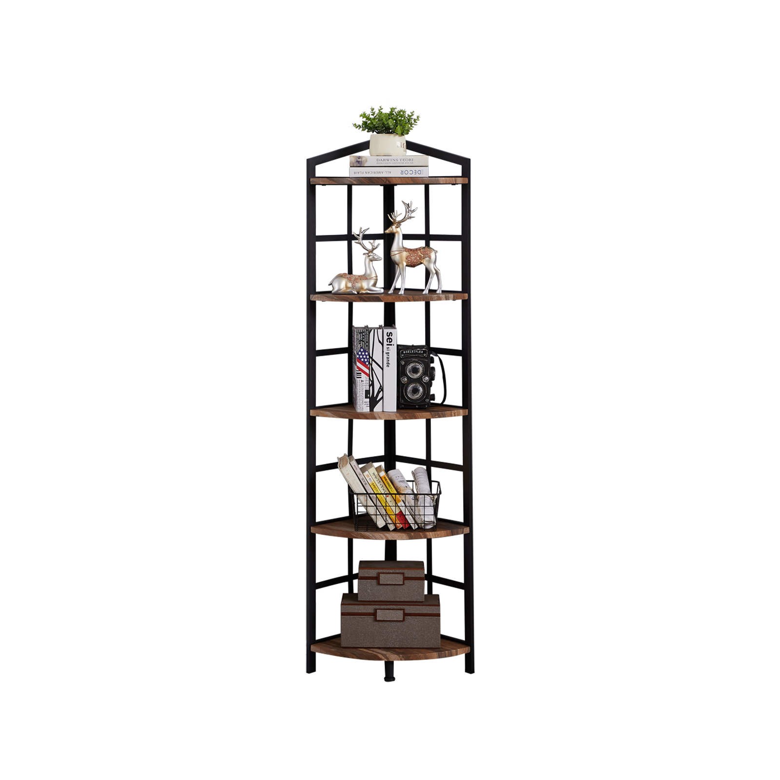 IHOMDEC 5 Tier Industrial Corner Bookshelf with Metal Frame, Brown