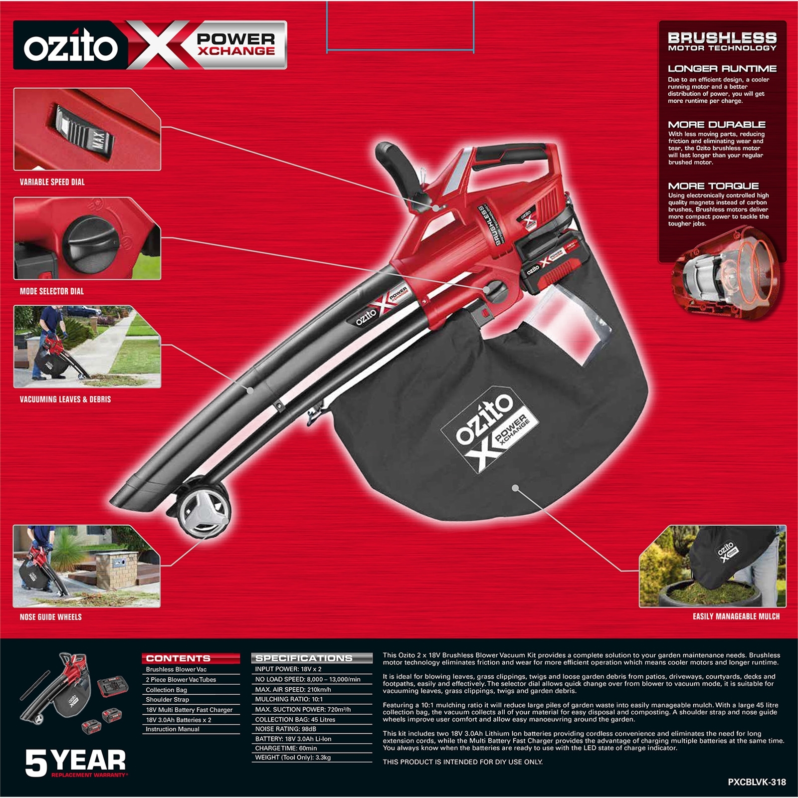 Ozito PXC 2 x 18V Brushless Blower Vacuum And Mulcher Kit Bunnings