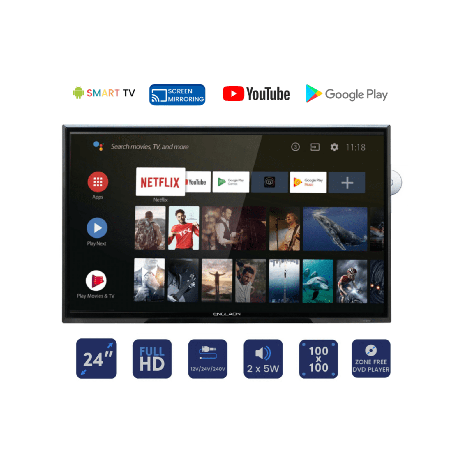 Englaon 24 Inch Full HD SMART LED 12 Volt TV With DVD Combo