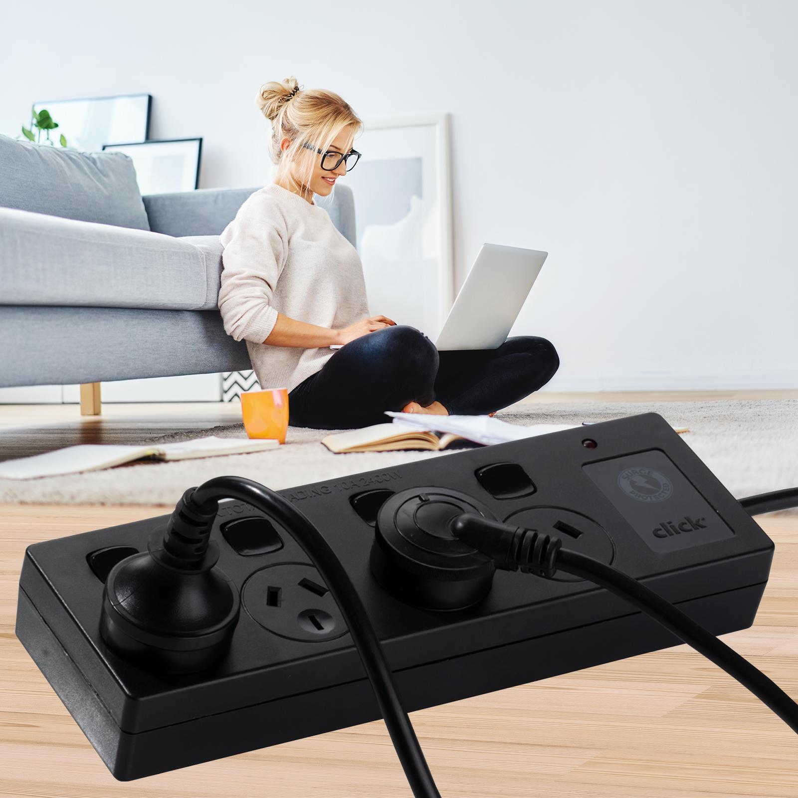 Click Black 4 Outlet Switched Surge Protect Power Board Bunnings Australia