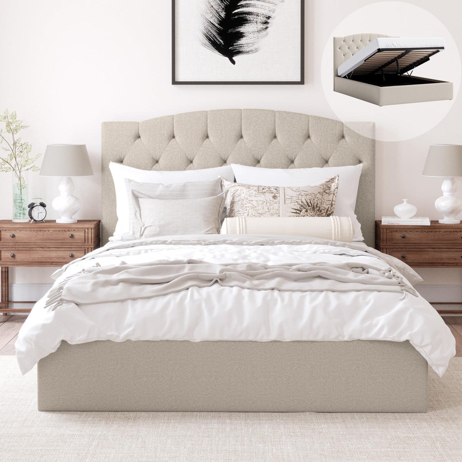 Charlotte Queen Beige Gas Lift Storage Curved Bed Frame Bunnings