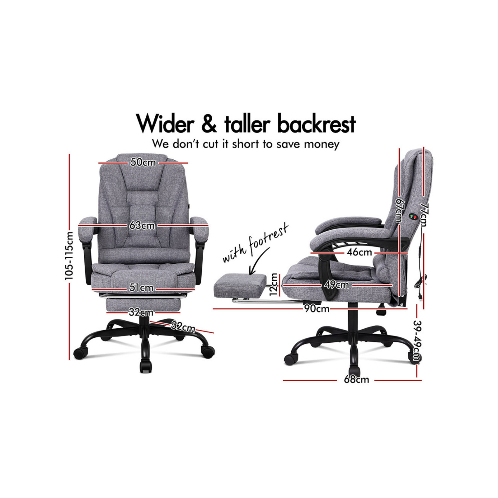 ALFORDSON Massage Office Chair with Footrest Fabric Grey Bunnings