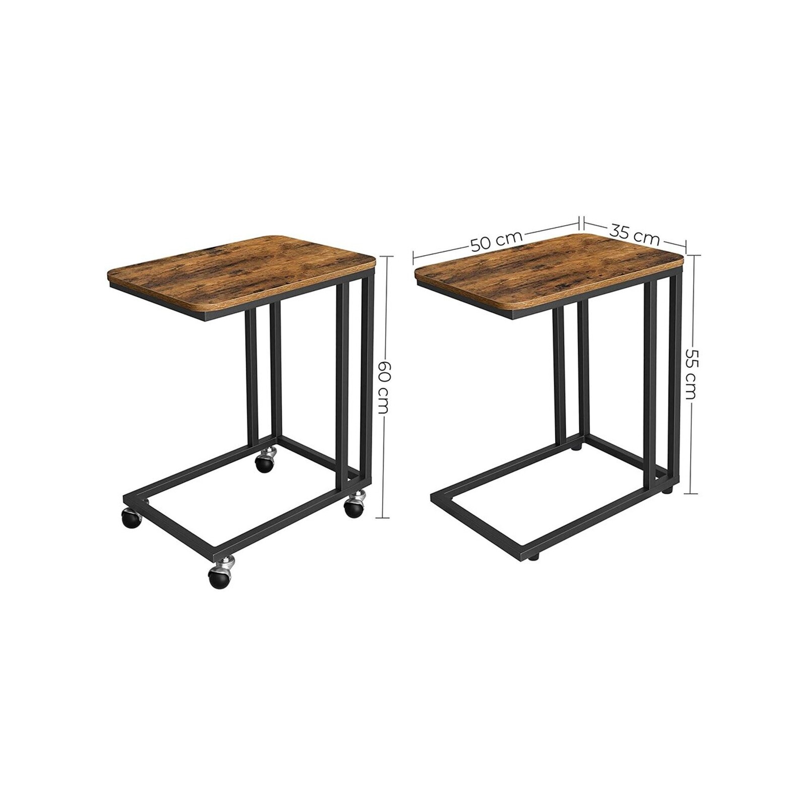 VASAGLE Rustic Brown and Black Side Table with Steel Frame and Castors