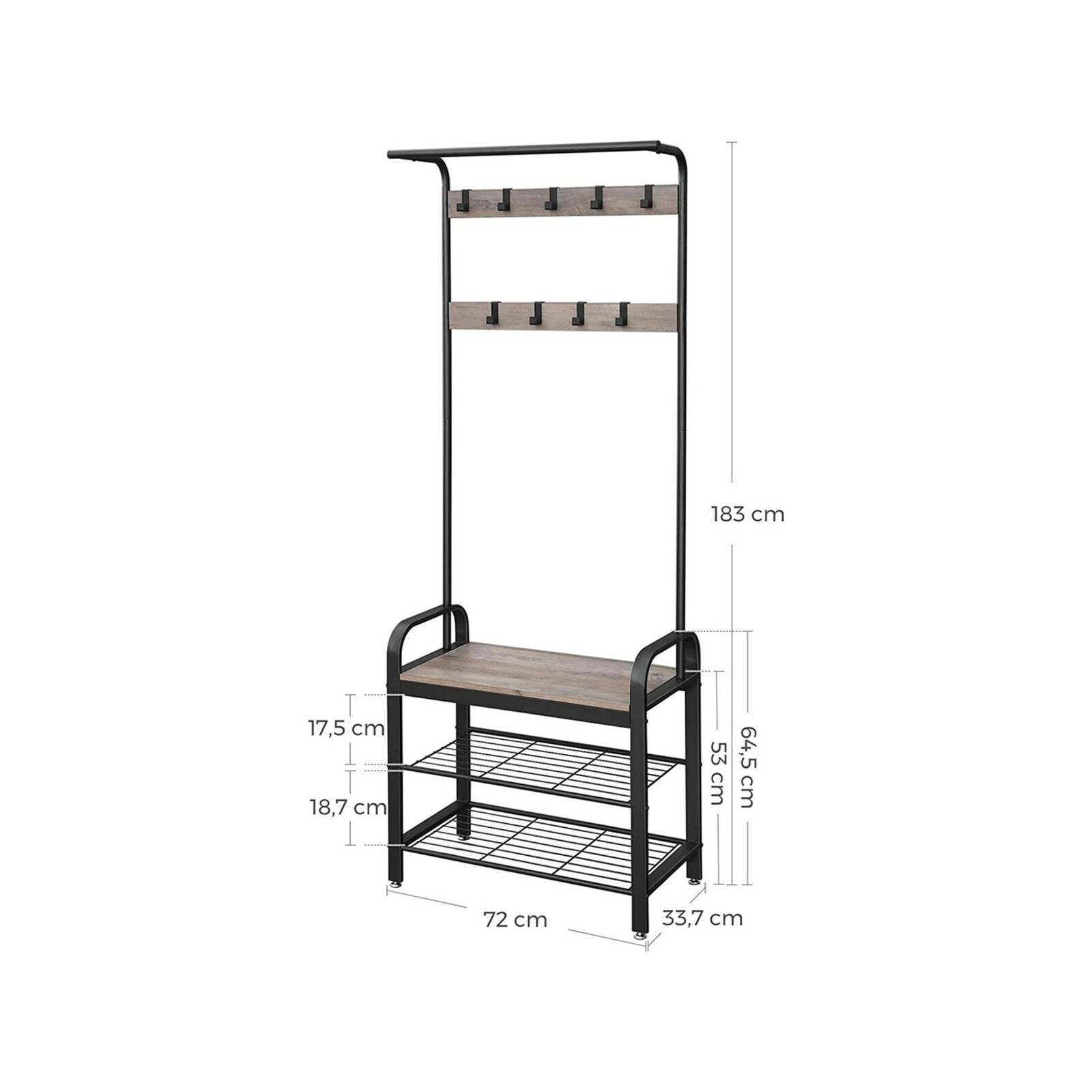 VASAGLE Greige and Black Coat Rack Stand with Bench 183cm Bunnings