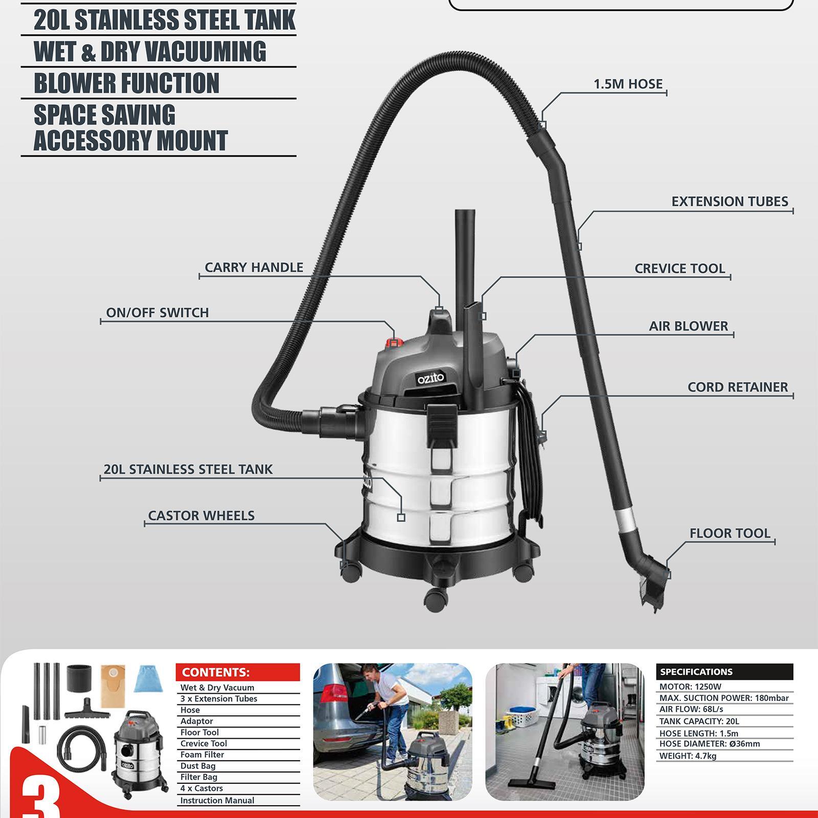 Ozito 1250W 20L Stainless Wet And Dry Vacuum Bunnings New Zealand
