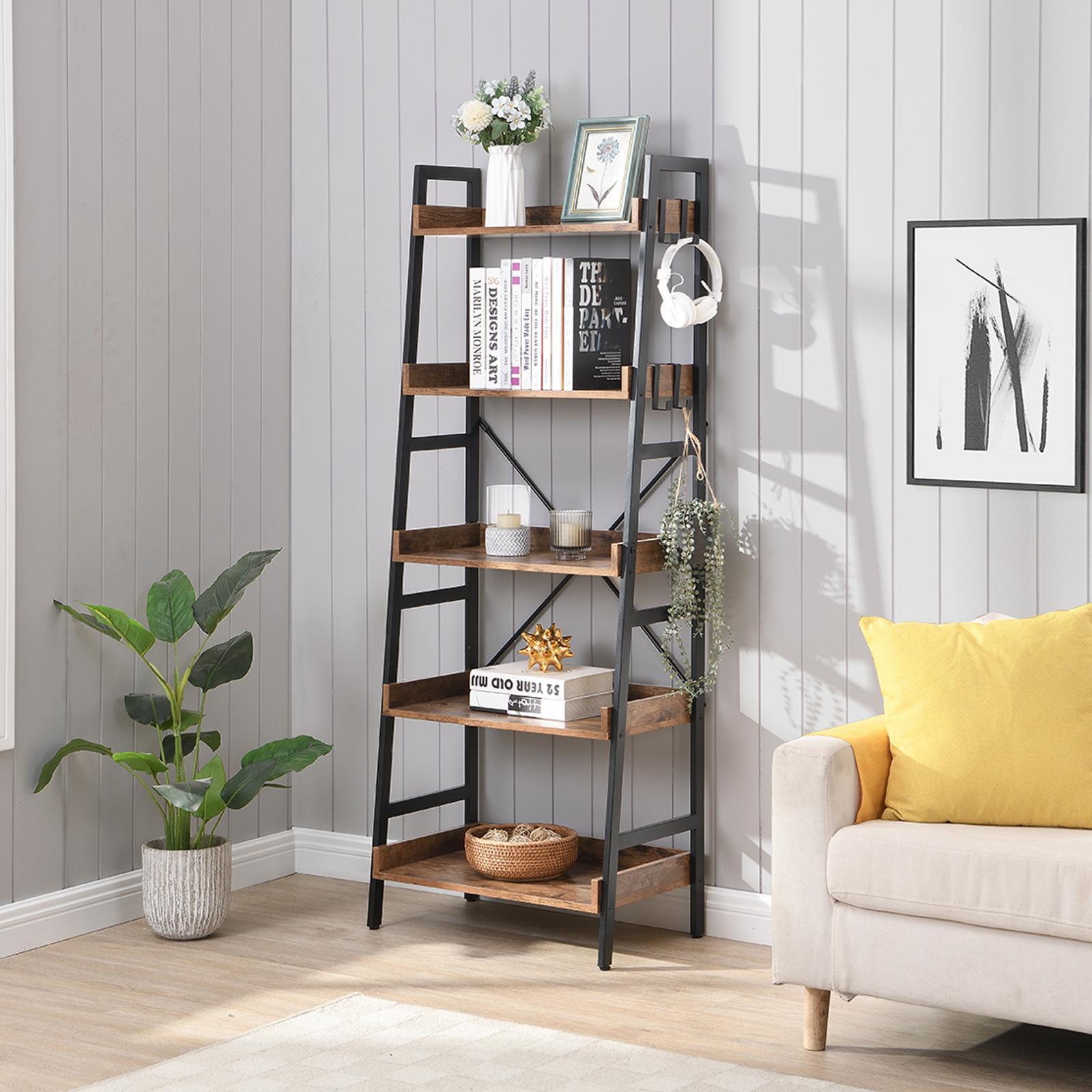 HOMFURN Ladder Bookshelf with 4 Hooks, 5 Tier Ladder Bookcases, Free