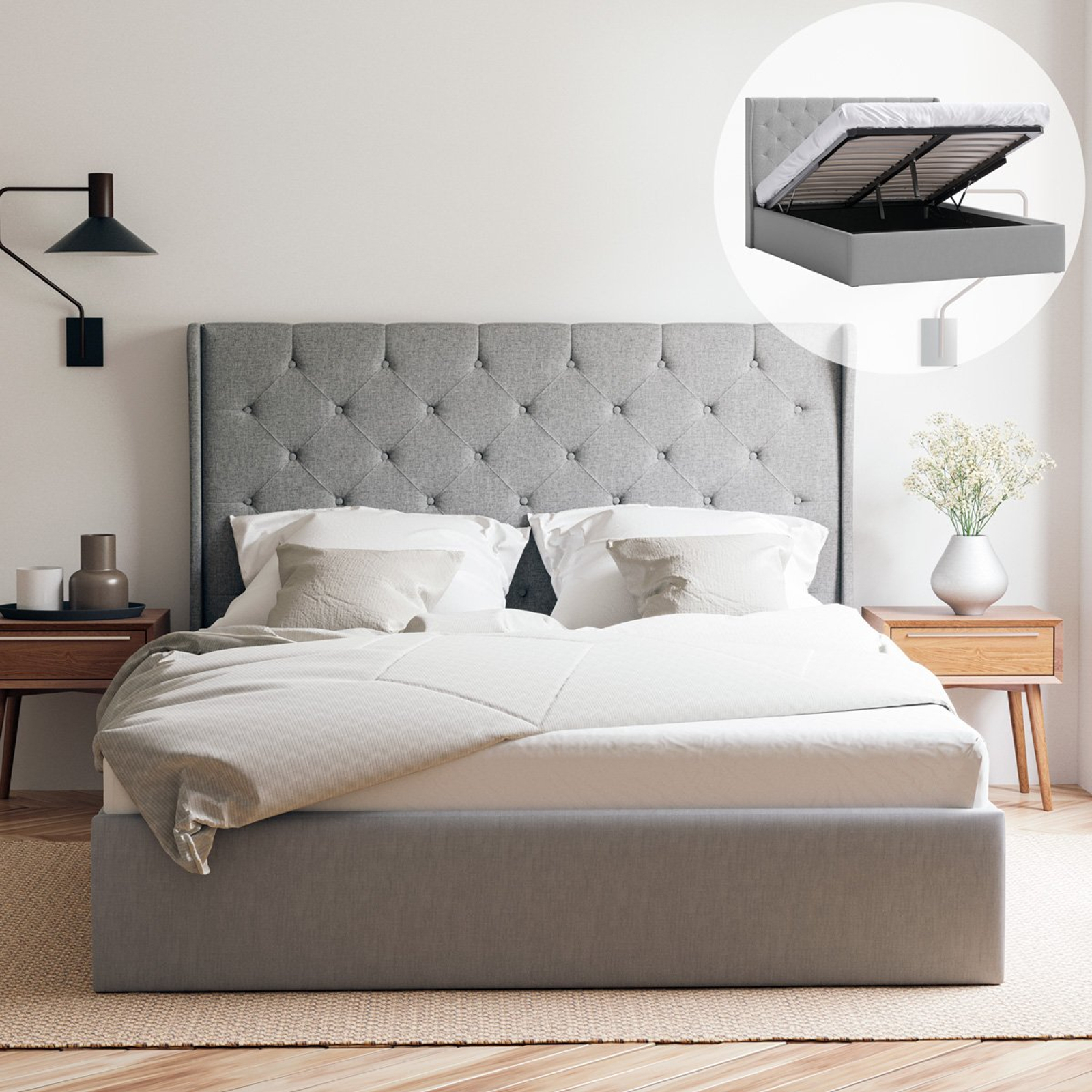 Stella King Grey Gas Lift Storage Bed Frame with Wings Bunnings Australia