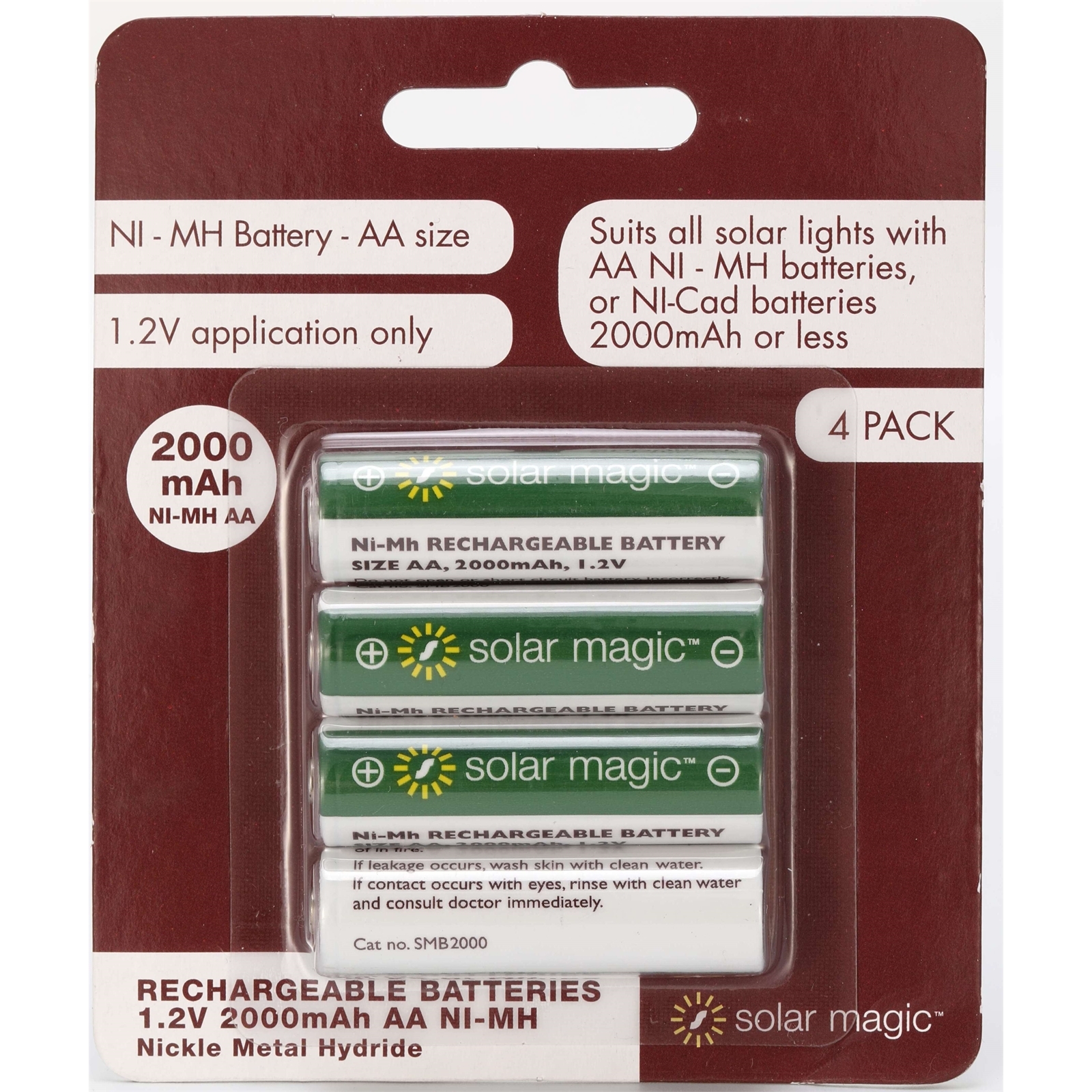 Solar Magic AA 2000maAh Nimh Rechargeable Batteries 4 Pack