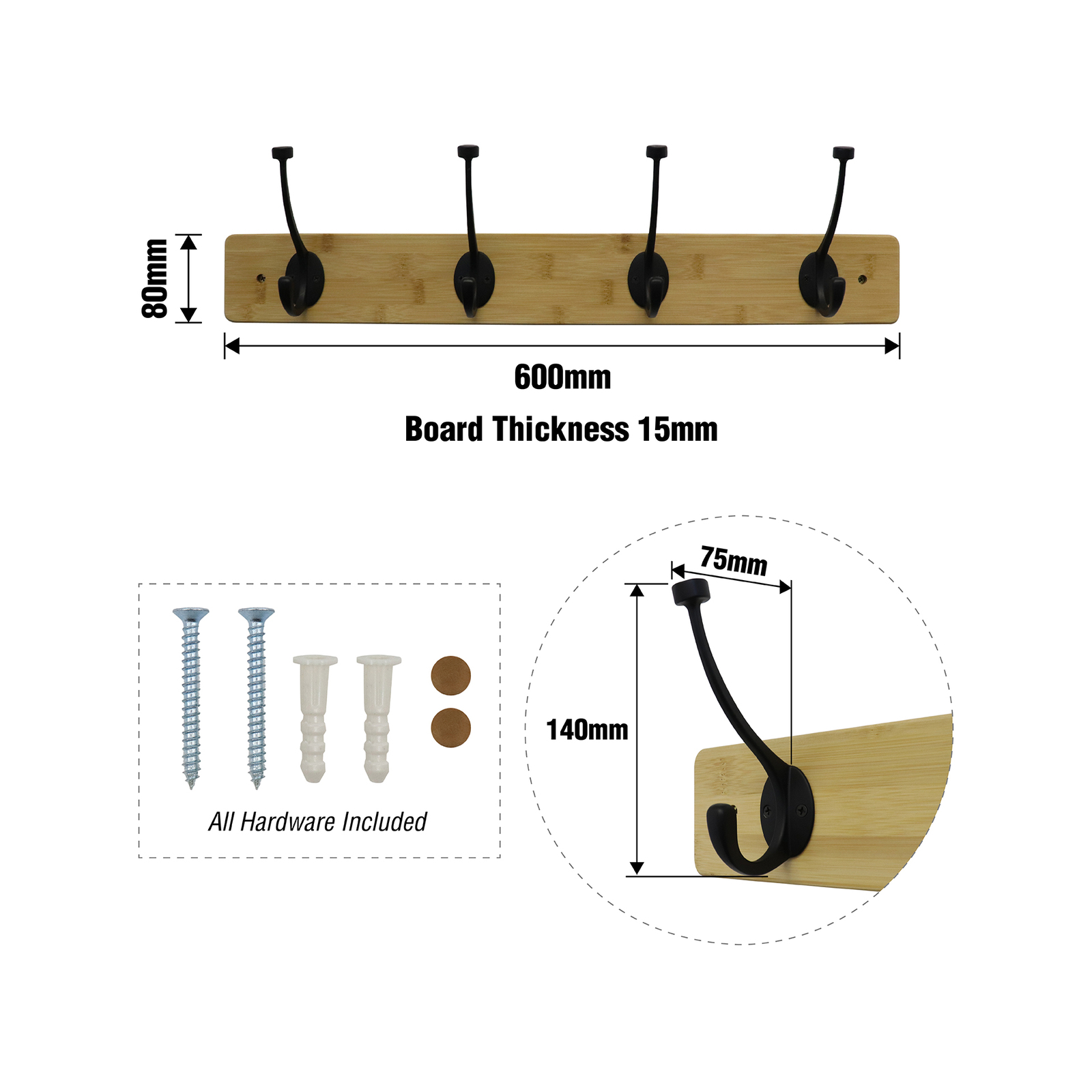 Adoored 60cm Bamboo 4 Black Hook Hat And Coat Rack Bunnings Australia