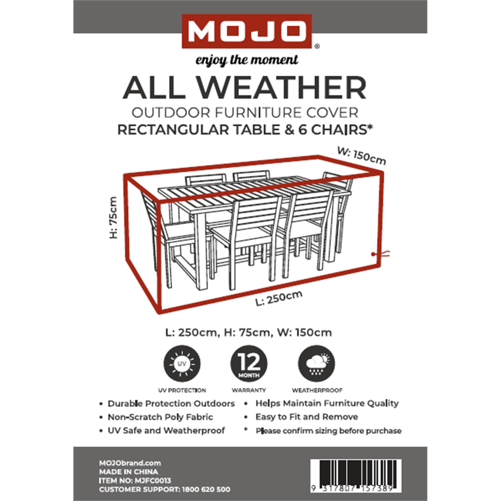 Mojo 250 x 75 x 150cm All Weather Outdoor Rectangular Table And 6 Chair