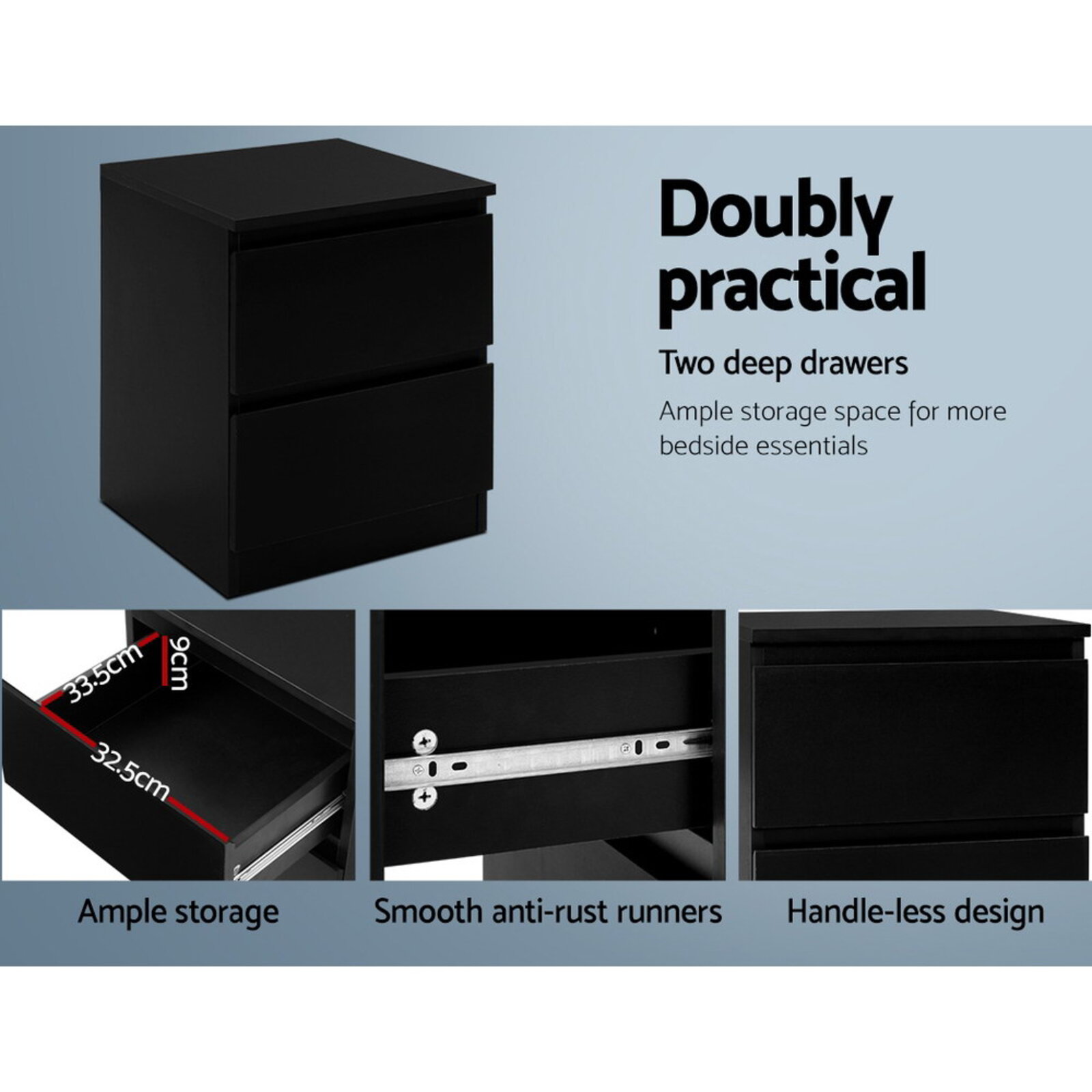 Artiss Black 2 Drawer Bedside Table Bunnings Australia