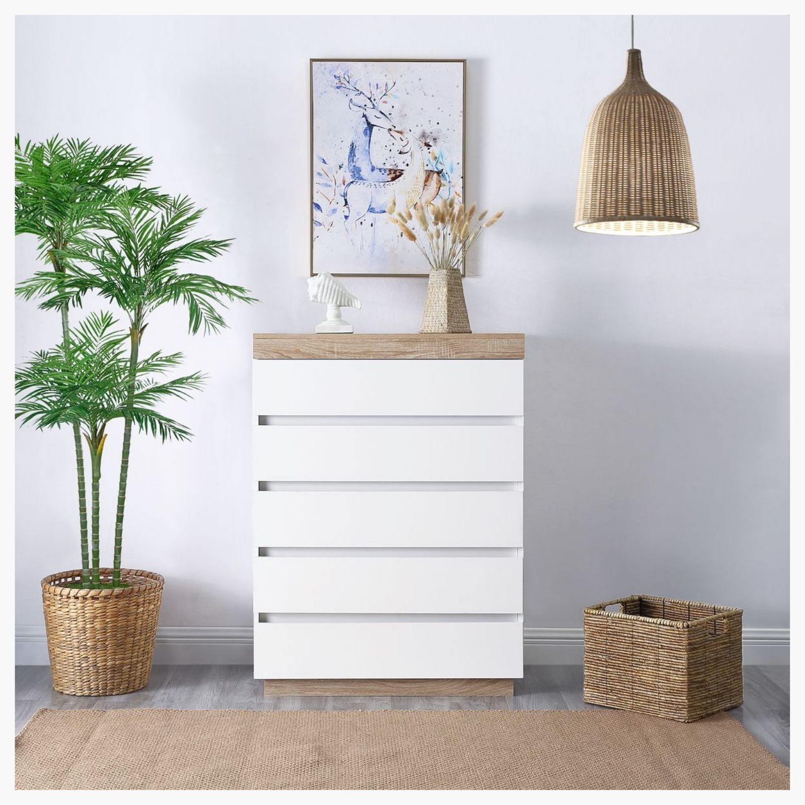 Coastal White Wooden Chest of 5 Drawers Tallboy Bunnings Australia