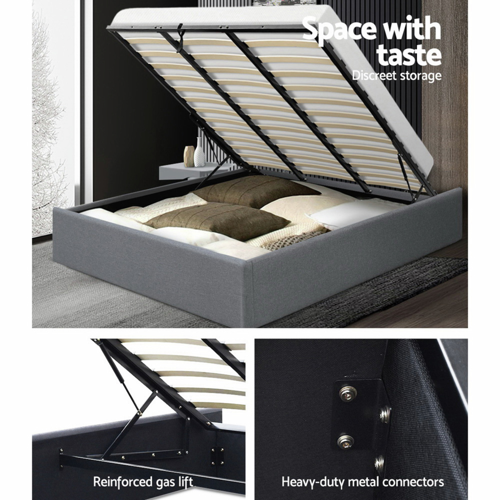 King Size Gas Lift Bed Frame Base With Storage Platform Fabric