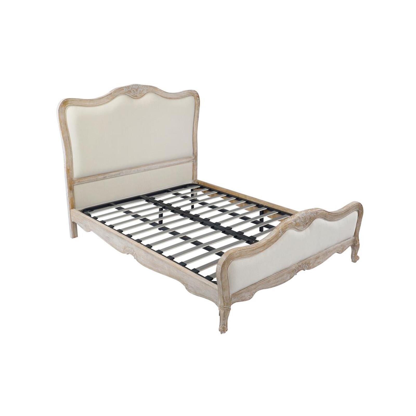 Bed frame Queen Size White Washed Wooden & Beige Color Fabric