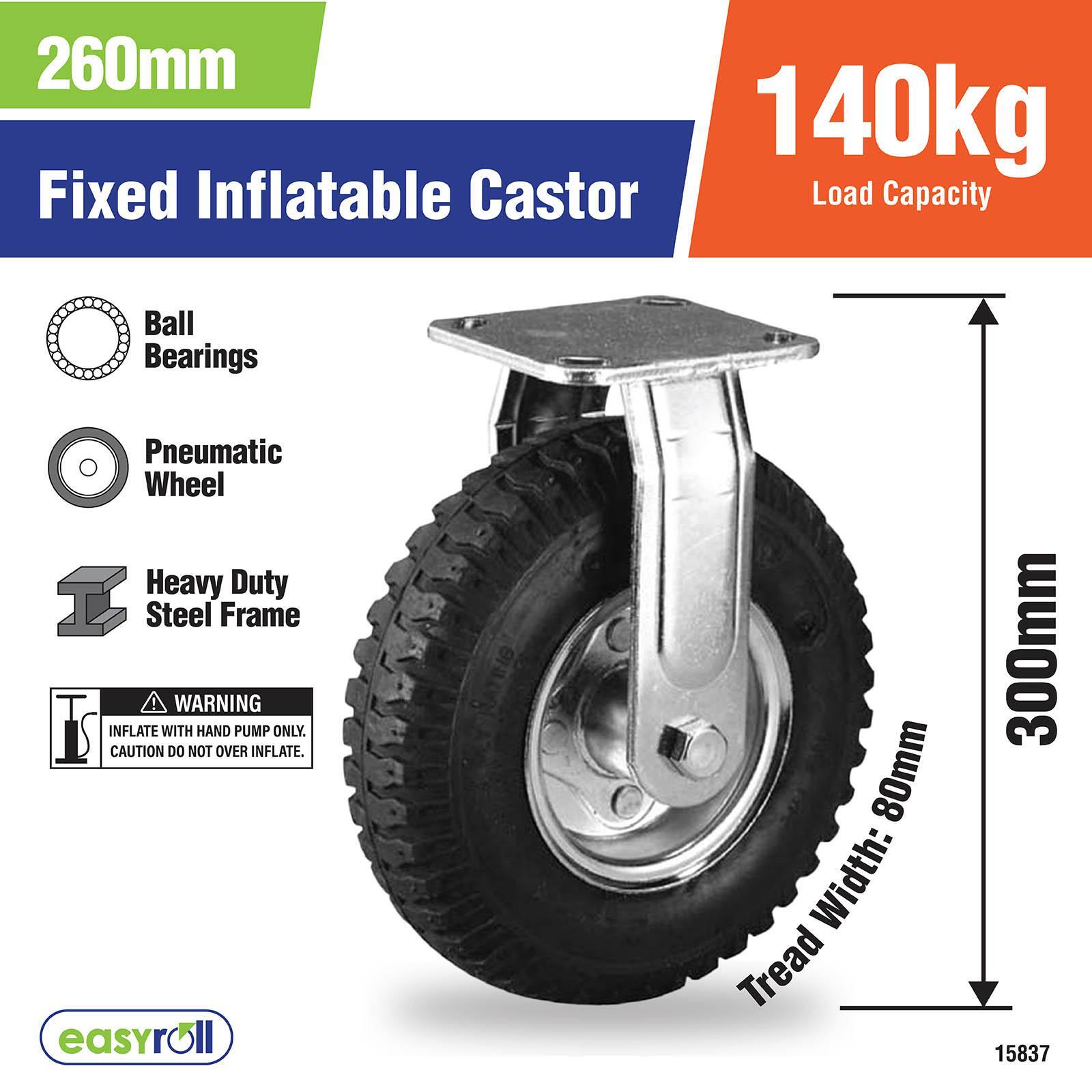 Easyroll 260mm 140kg Black Pneumatic Fixed Plate Castor Bunnings