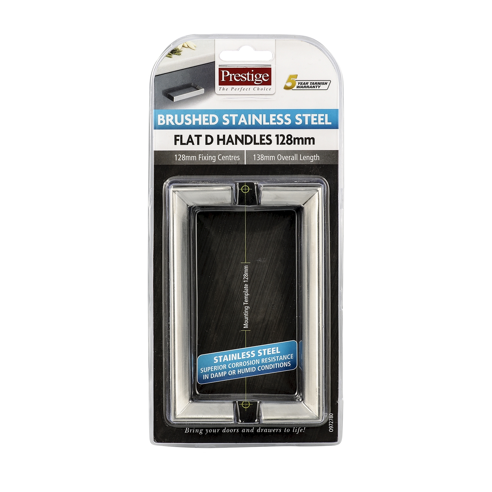 Prestige 128mm Brushed Stainless Steel Flat D Handle Card of 2