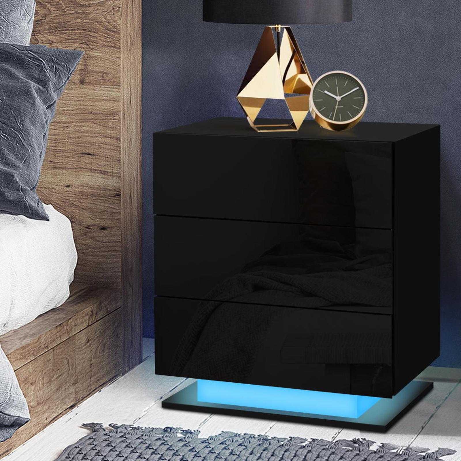Artiss Bedside Table RGB LED 3 Drawers Gloss Black Bunnings Australia