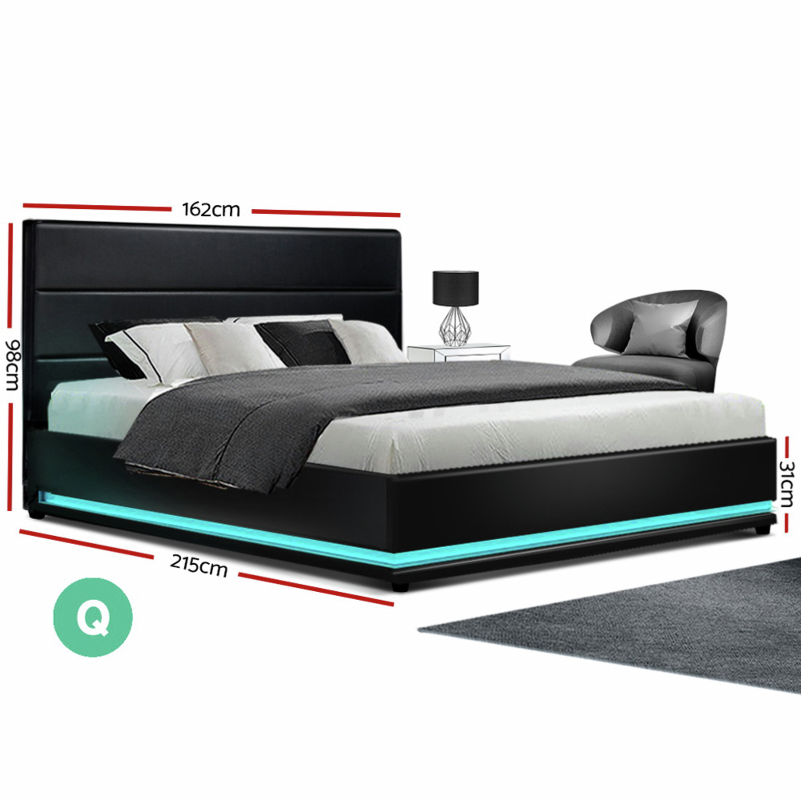 Artiss Bed Frame Queen Size Gas Lift RGB LED Black Lumi Bunnings