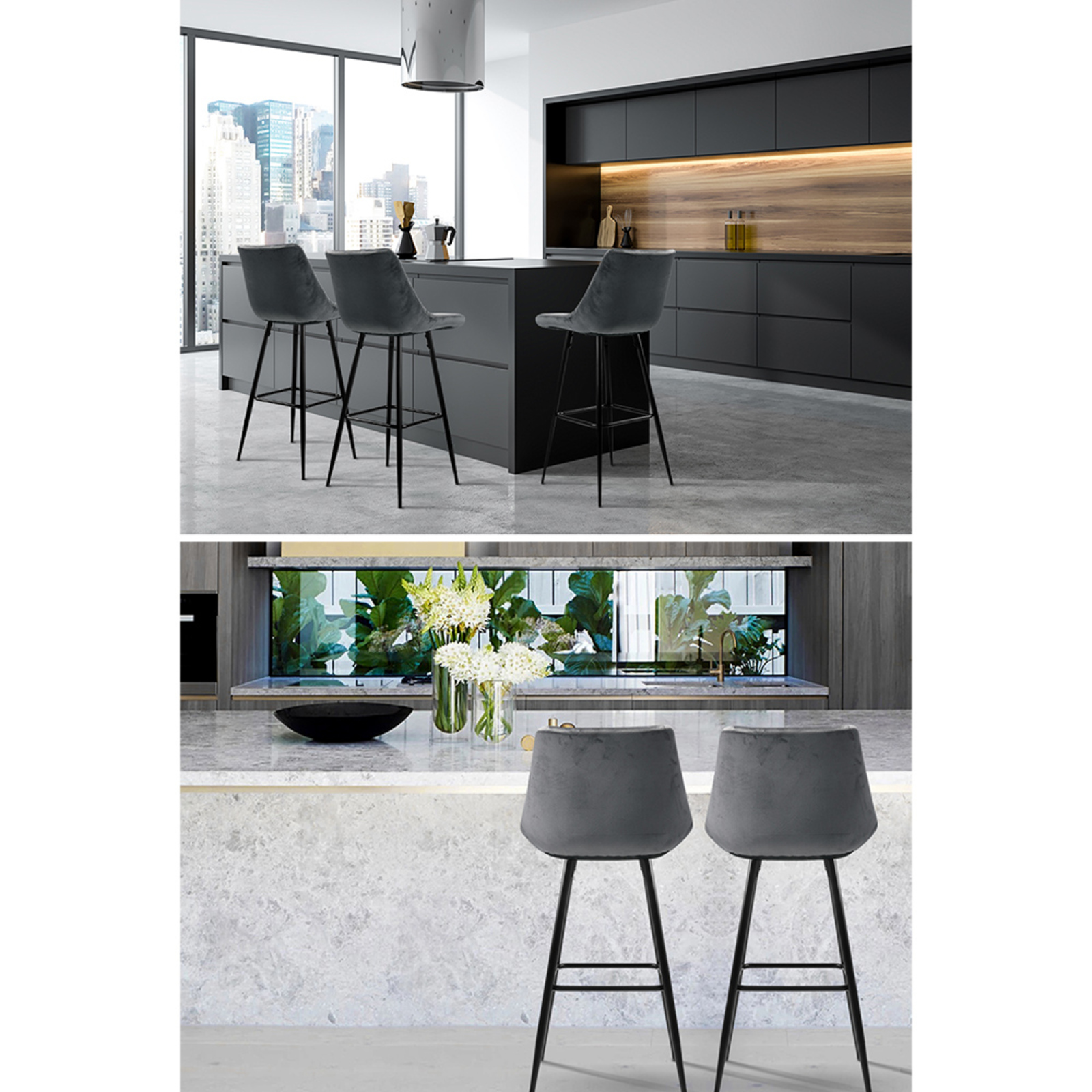Artiss 2x Kitchen Velvet Bar Stool Chair Metal Barstools Grey