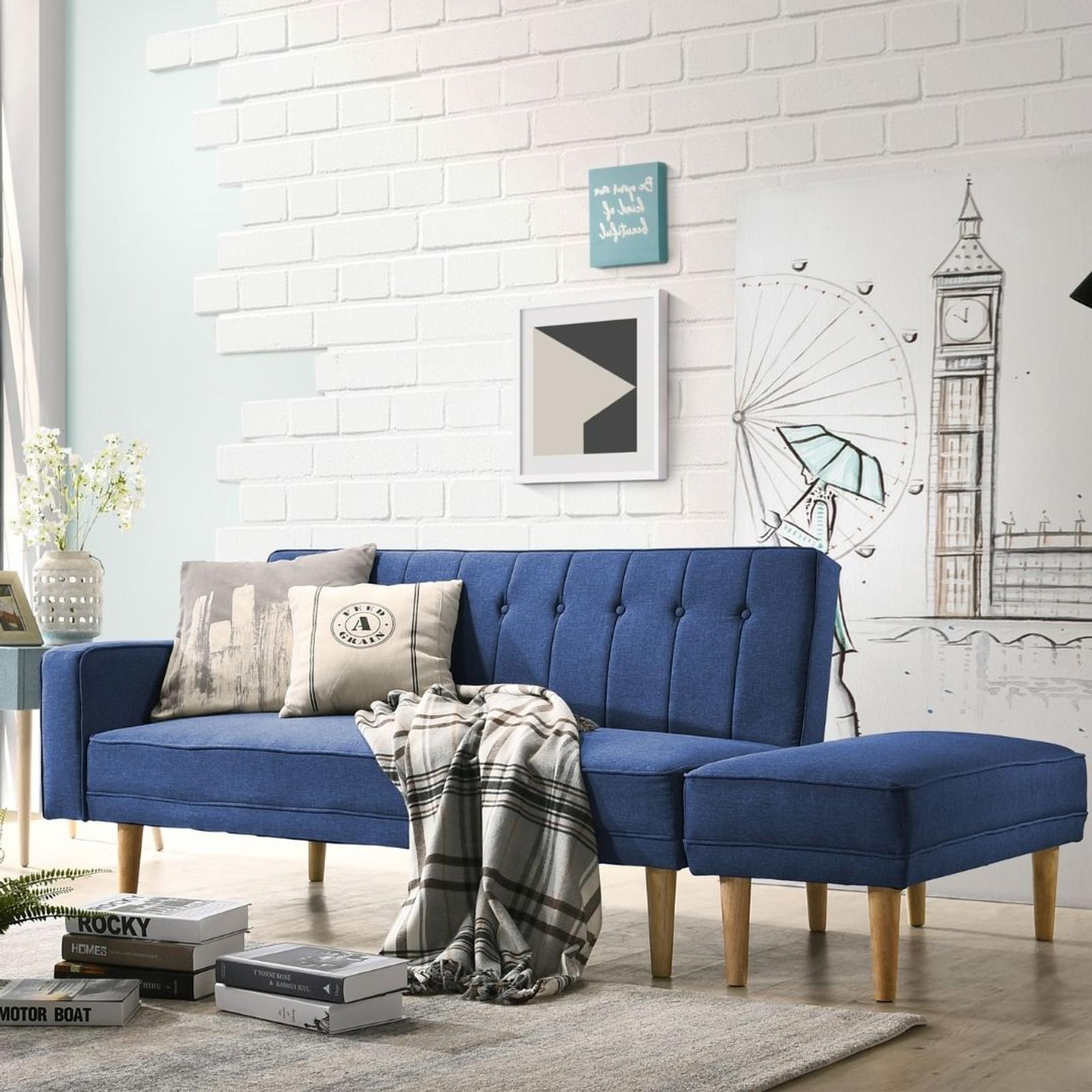 Scandinavian 3 Seater Sofa Bed w/ Ottoman Futon Couch Blue Bunnings