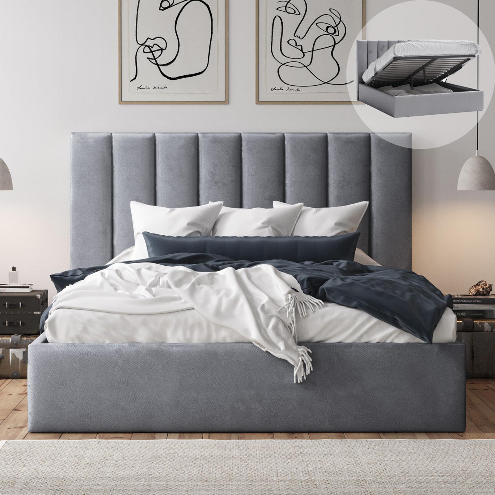 Celine King Fossil Grey Velvet Gas Lift Storage Bed Frame Bunnings