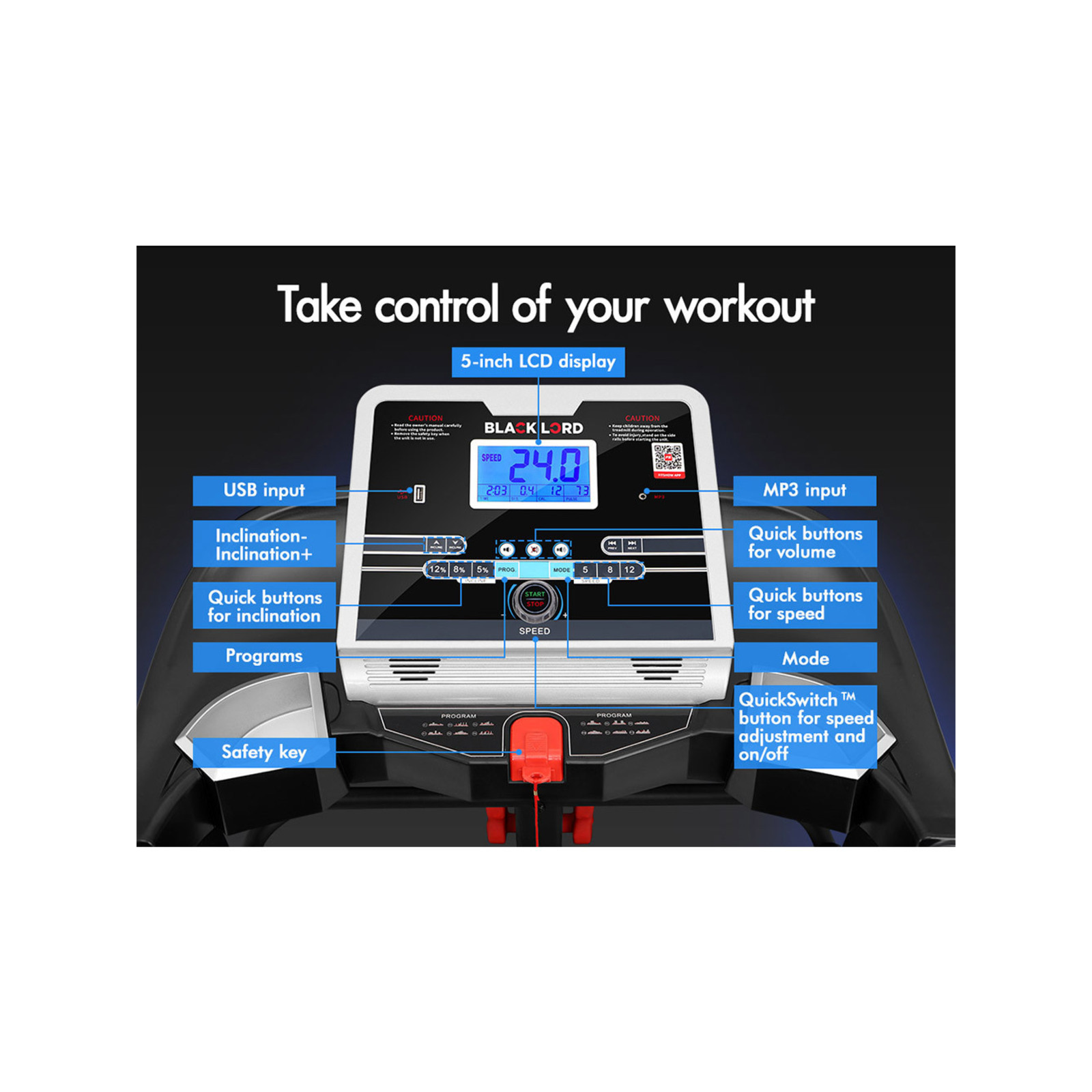 BLACK LORD Electric Treadmill Auto Incline Foldable Run Machine V620