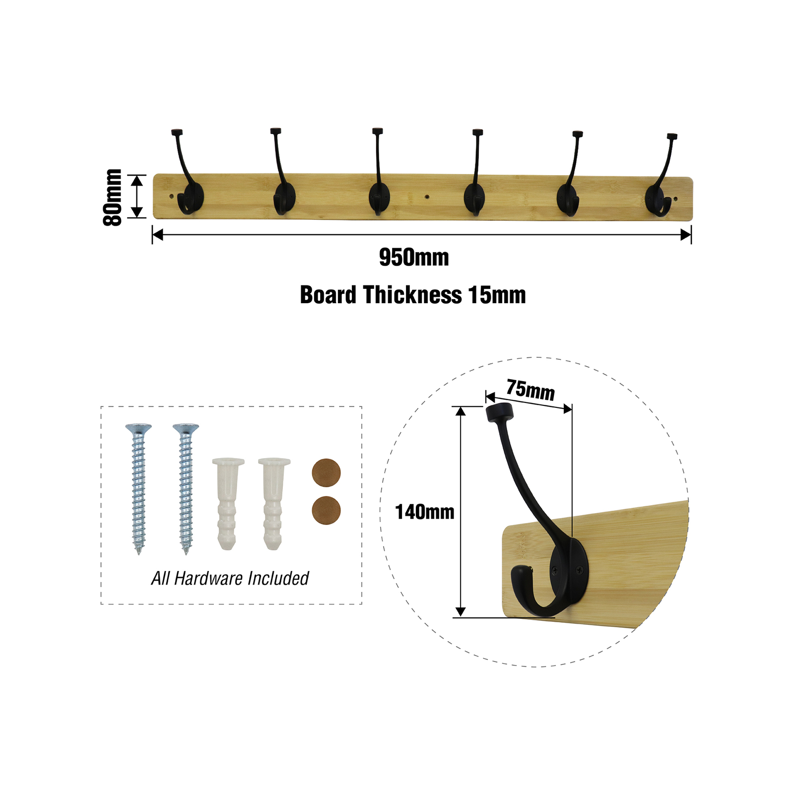 Adoored 95cm Bamboo / Black 6 Hook Hat And Coat Rack Bunnings Australia