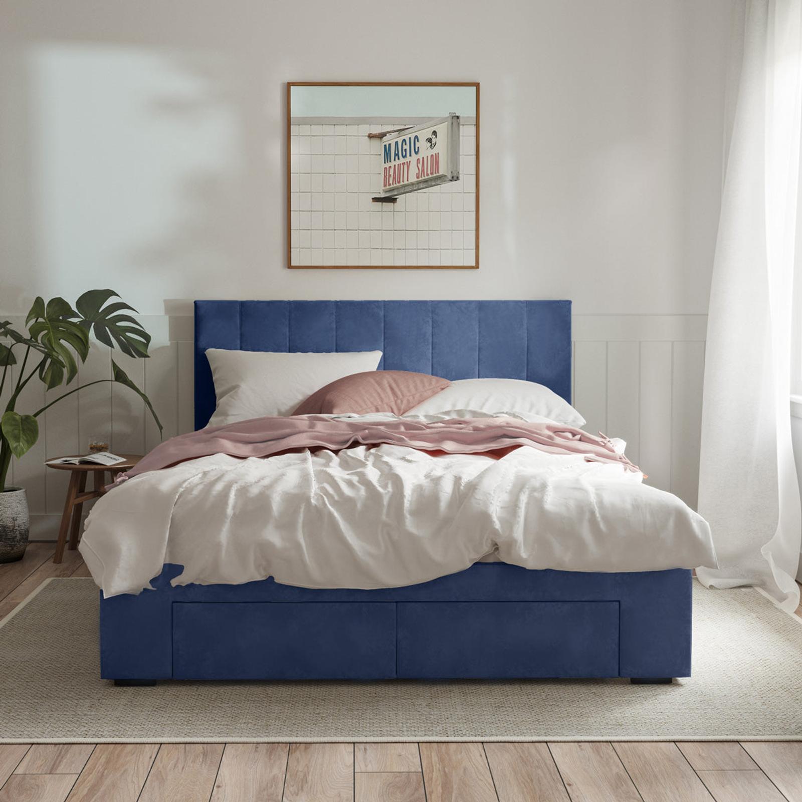 Ormond Queen Navy Blue Velvet Four Drawer Storage Bed Frame Bunnings Australia