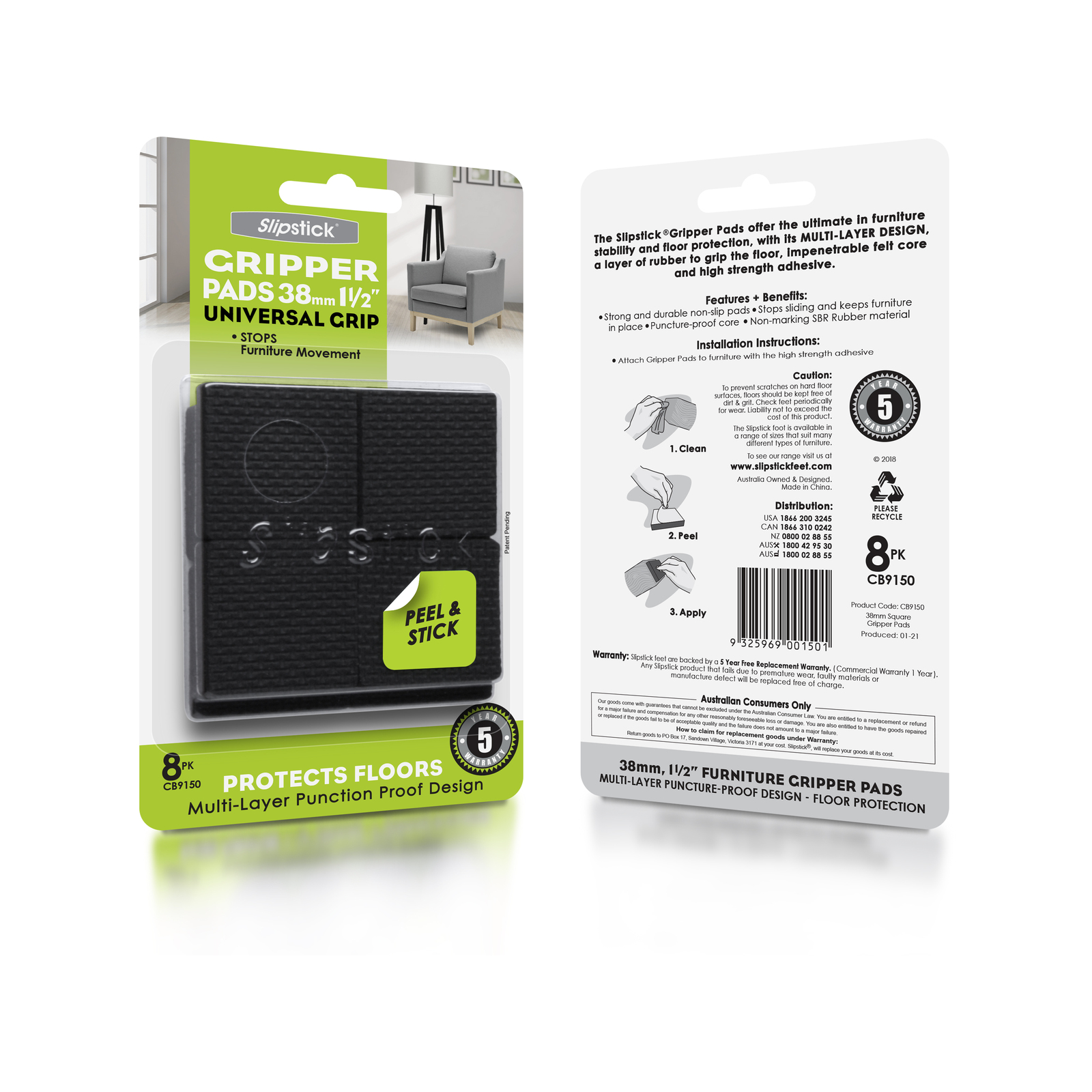 Slipstick 38mm 1½” Square Gripper Floor Protection Pads 8 Pack