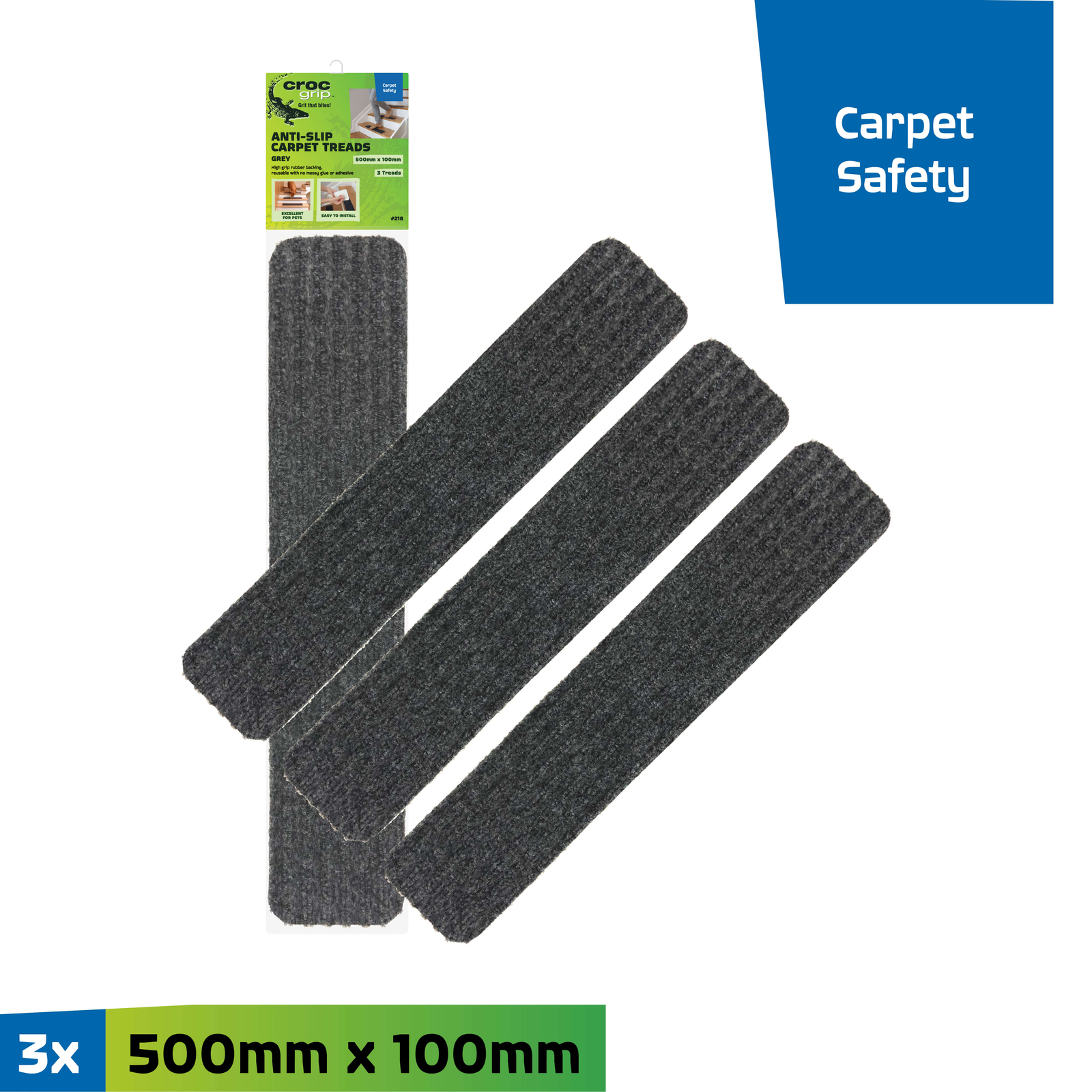 Croc Grip 500mm x 100mm Grey AntiSlip Carpet Treads 3 Pack